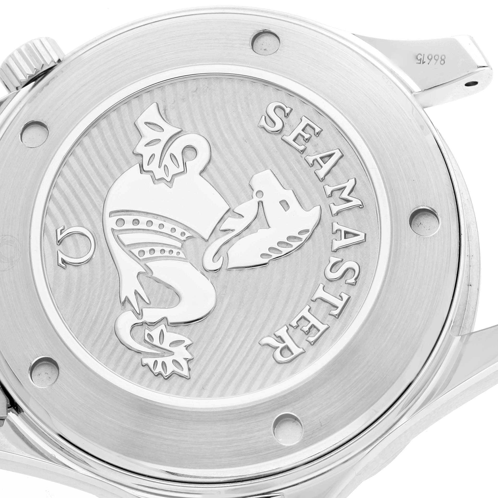 The image shows the case back of the Omega Seamaster 212.30.41.20.01.003 Men's Stainless Steel Black Dial 212.30.41.20.01.003 Men's Stainless Steel Black Dial watch, featuring its engraved emblem and model name.