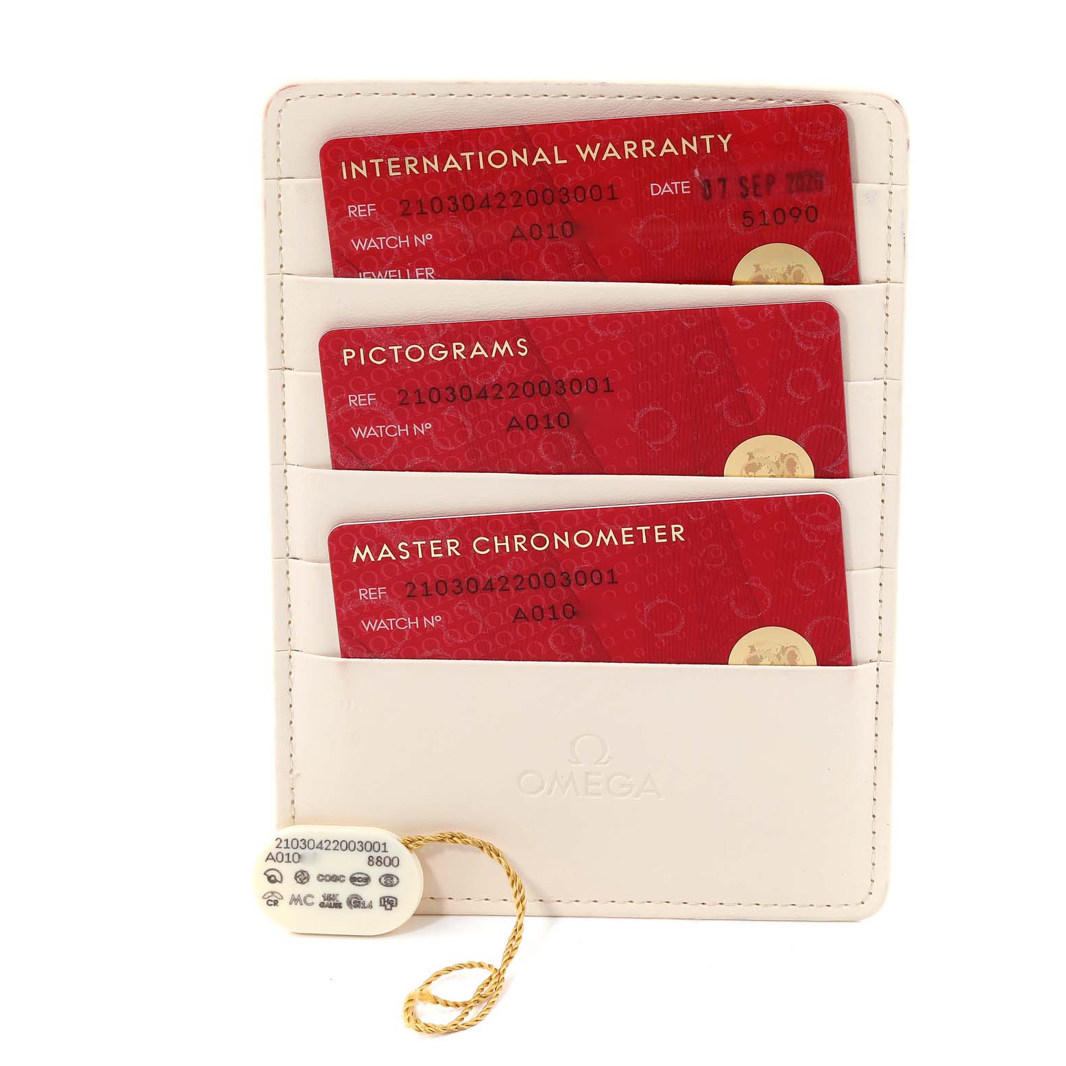 The image shows international warranty, pictograms, and master chronometer cards for an Omega Seamaster 210.30.42.20.03.001 Men's Stainless Steel Blue Dial 210.30.42.20.03.001 Men's Stainless Steel Blue Dial watch, along with a tag, held in a cardholder.