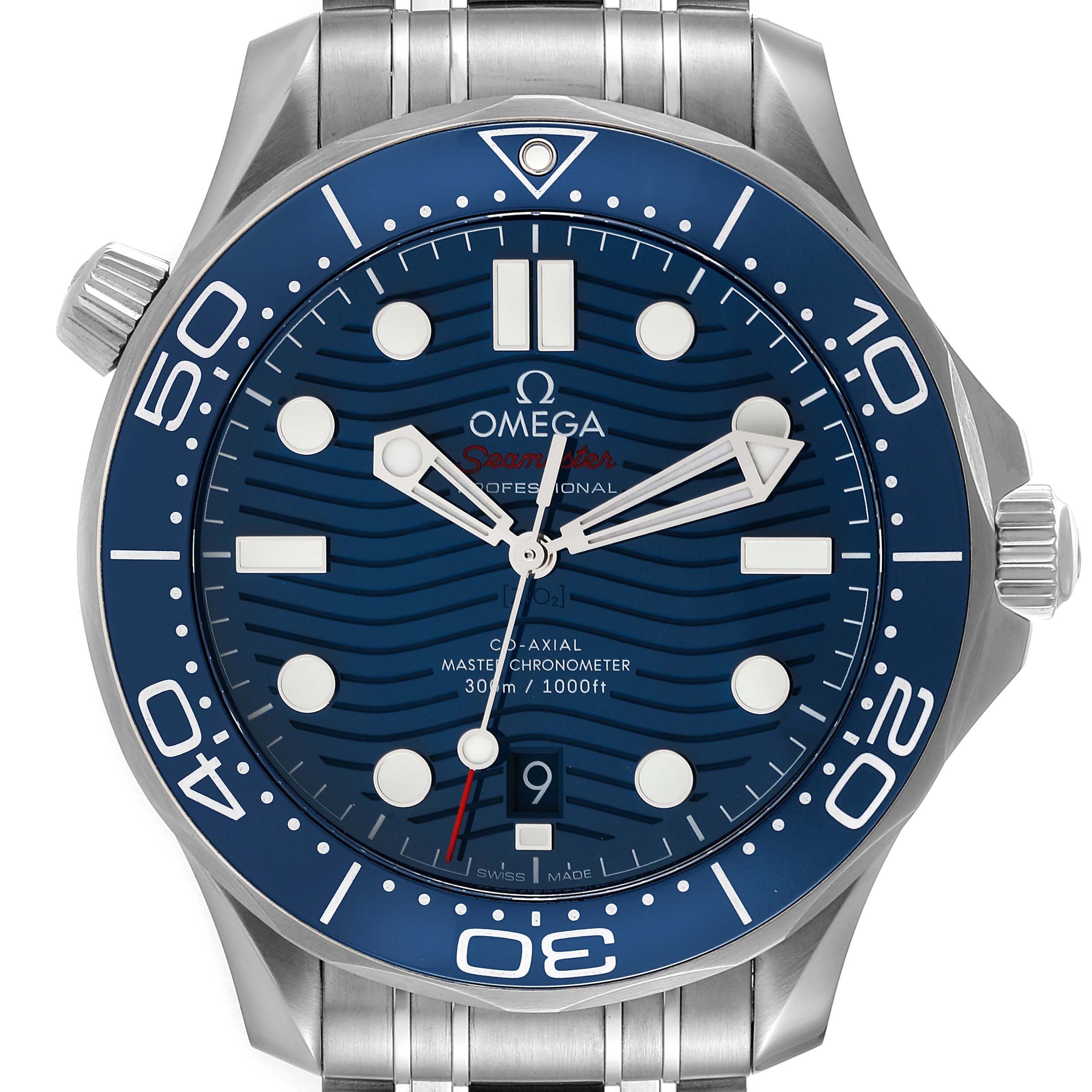 This image shows a front view of an Omega Seamaster 210.30.42.20.03.001 Men's Stainless Steel Blue Dial 210.30.42.20.03.001 Men's Stainless Steel Blue Dial watch, highlighting the dial, bezel, and part of the bracelet.