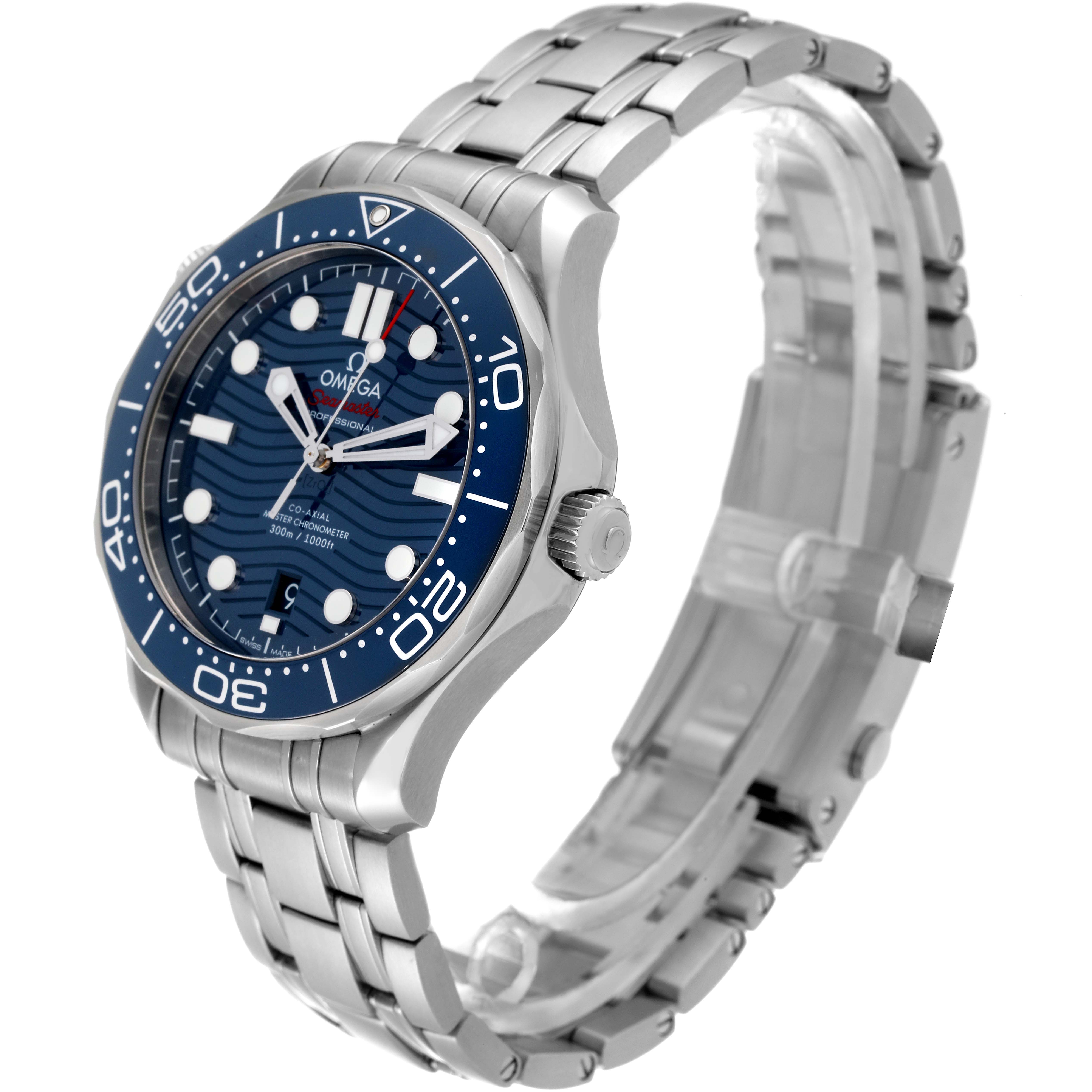 The image shows an Omega Seamaster 210.30.42.20.03.001 Men's Stainless Steel Blue Dial 210.30.42.20.03.001 Men's Stainless Steel Blue Dial watch from a front-right angle, displaying the dial, bezel, and stainless steel bracelet.