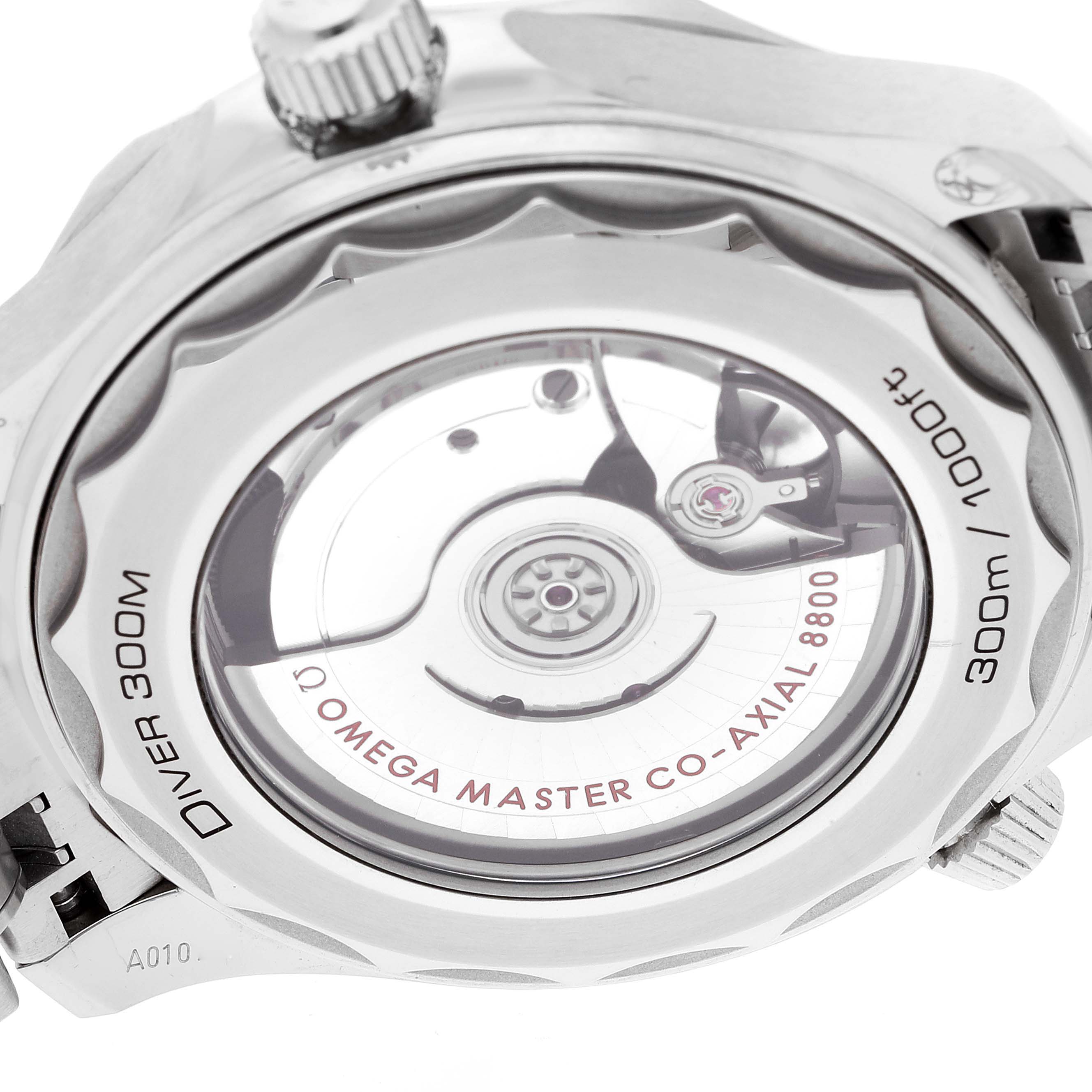 The image shows the case back of the Omega Seamaster 210.30.42.20.03.001 Men's Stainless Steel Blue Dial 210.30.42.20.03.001 Men's Stainless Steel Blue Dial watch, revealing the internal mechanism and engravings.