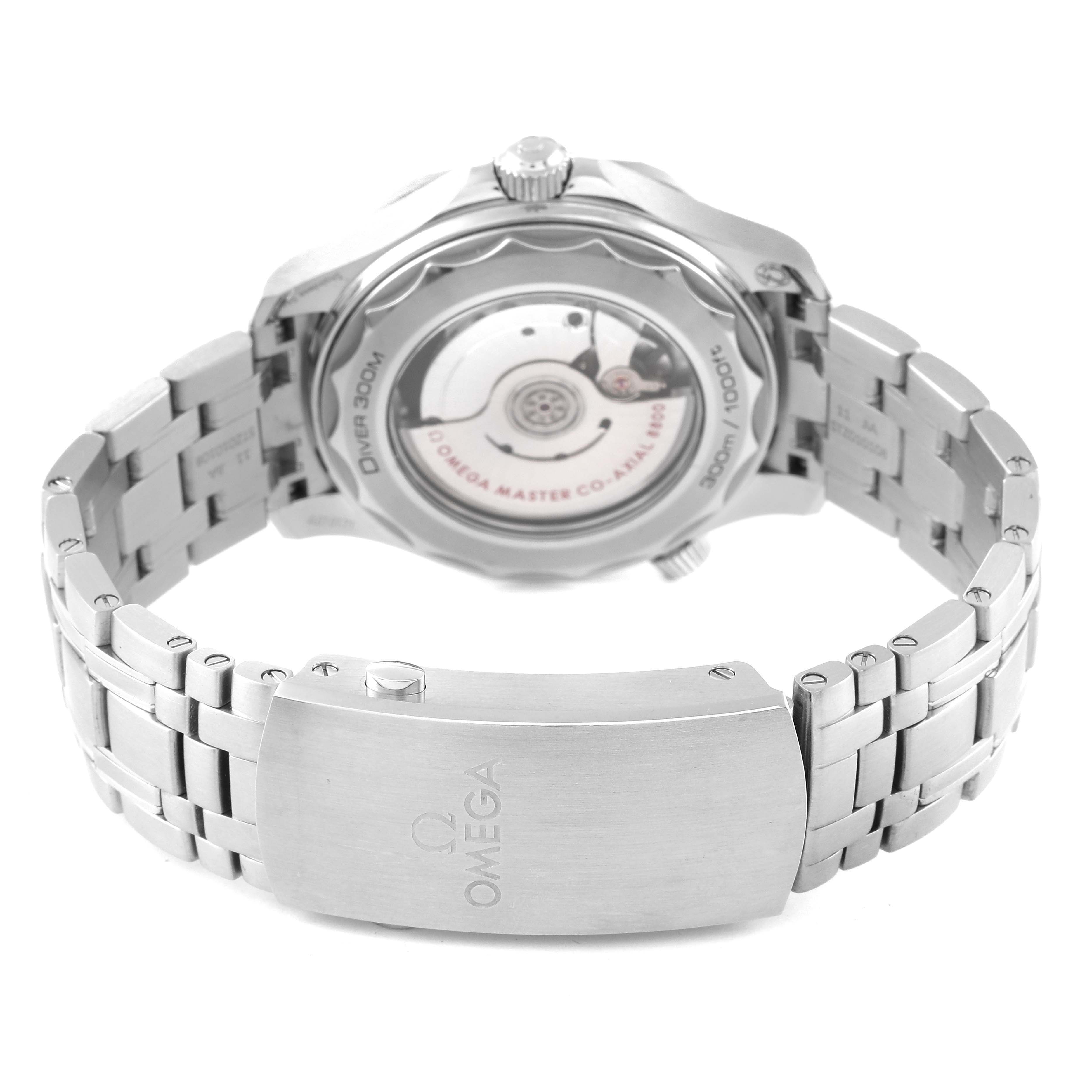 The image shows the back and bracelet of an Omega Seamaster 210.30.42.20.03.001 Men's Stainless Steel Blue Dial 210.30.42.20.03.001 Men's Stainless Steel Blue Dial watch, highlighting its clasp and transparent case back.