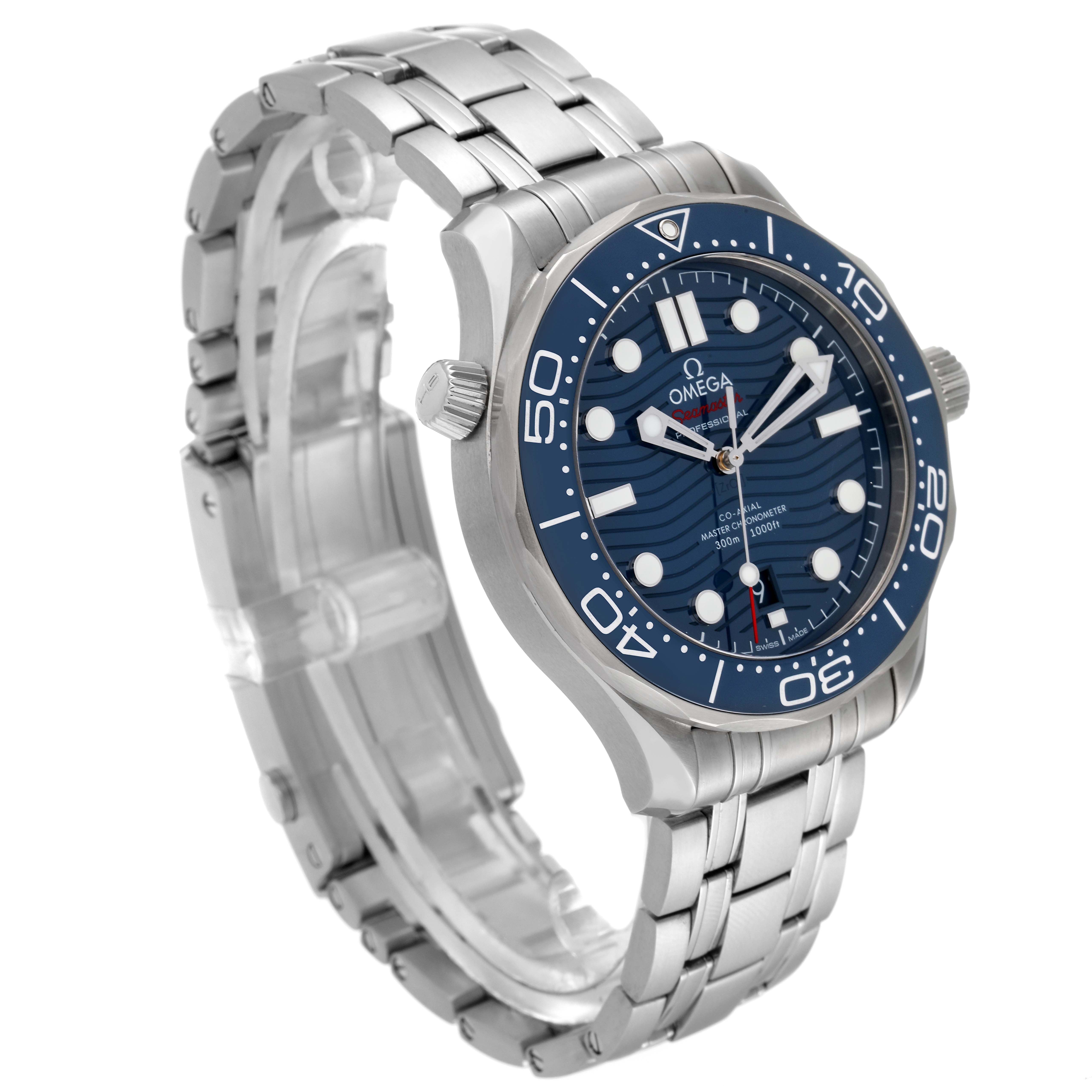The Omega Seamaster 210.30.42.20.03.001 Men's Stainless Steel Blue Dial 210.30.42.20.03.001 Men's Stainless Steel Blue Dial watch is shown at a slight angle, displaying its face, bezel, crown, and stainless steel bracelet.