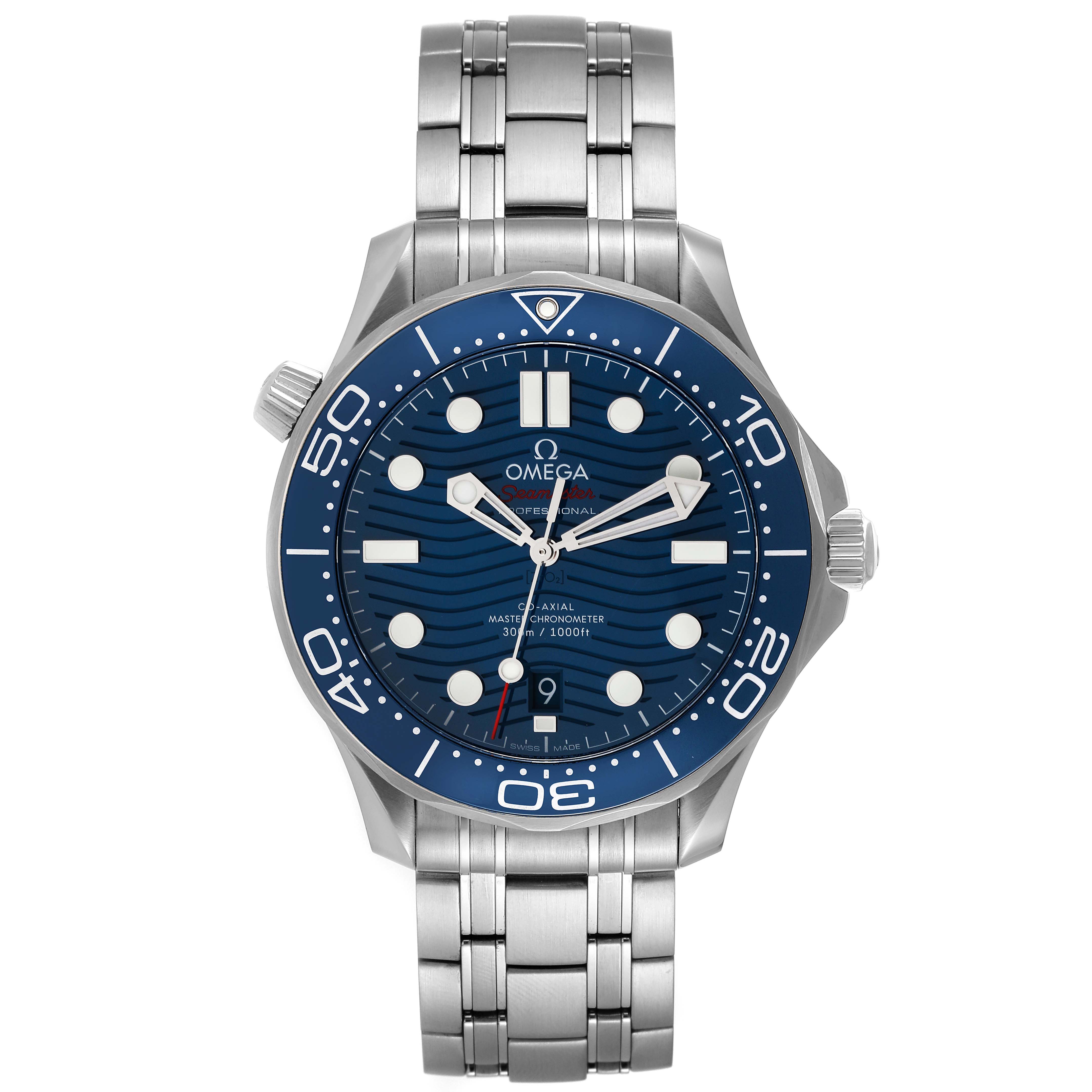 This image shows a front view of the Omega Seamaster 210.30.42.20.03.001 Men's Stainless Steel Blue Dial 210.30.42.20.03.001 Men's Stainless Steel Blue Dial watch, highlighting its dial, bezel, and metal bracelet.