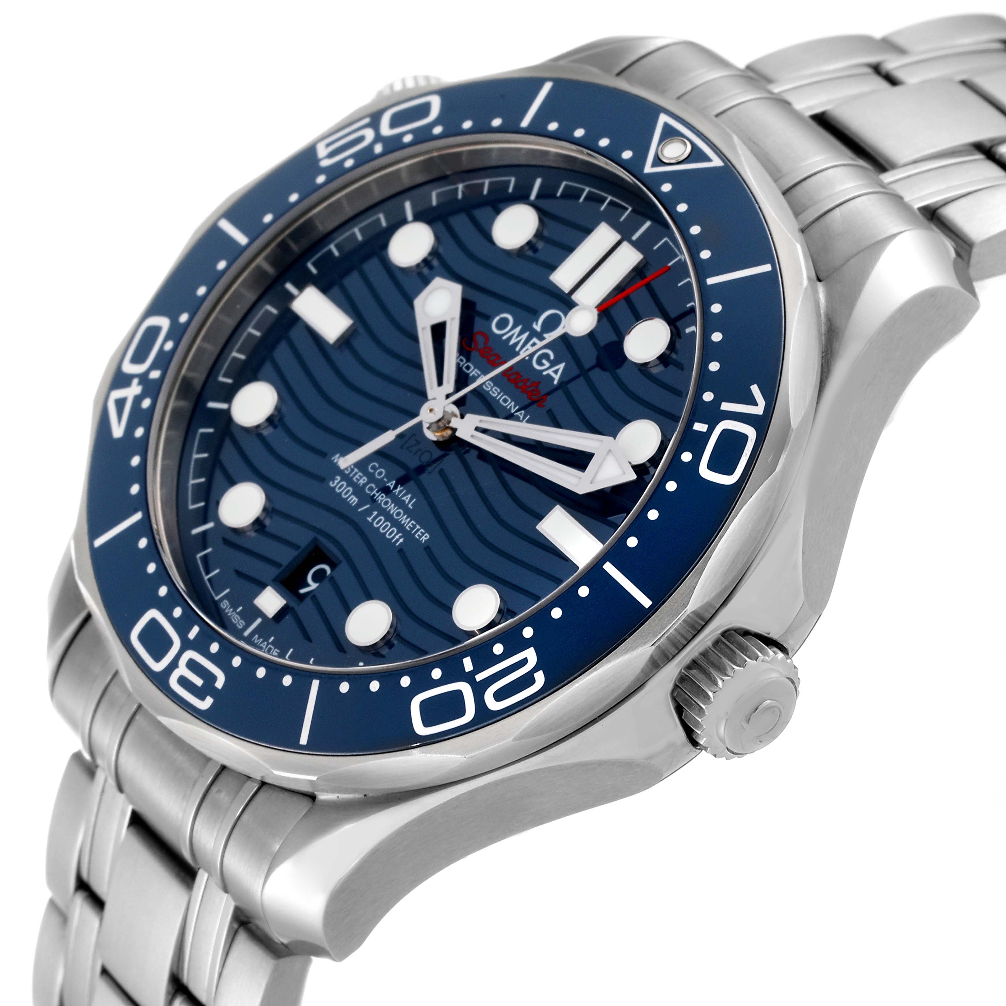 The image shows an angled view of the Omega Seamaster 210.30.42.20.03.001 Men's Stainless Steel Blue Dial 210.30.42.20.03.001 Men's Stainless Steel Blue Dial watch, highlighting the dial, bezel, and part of the bracelet.