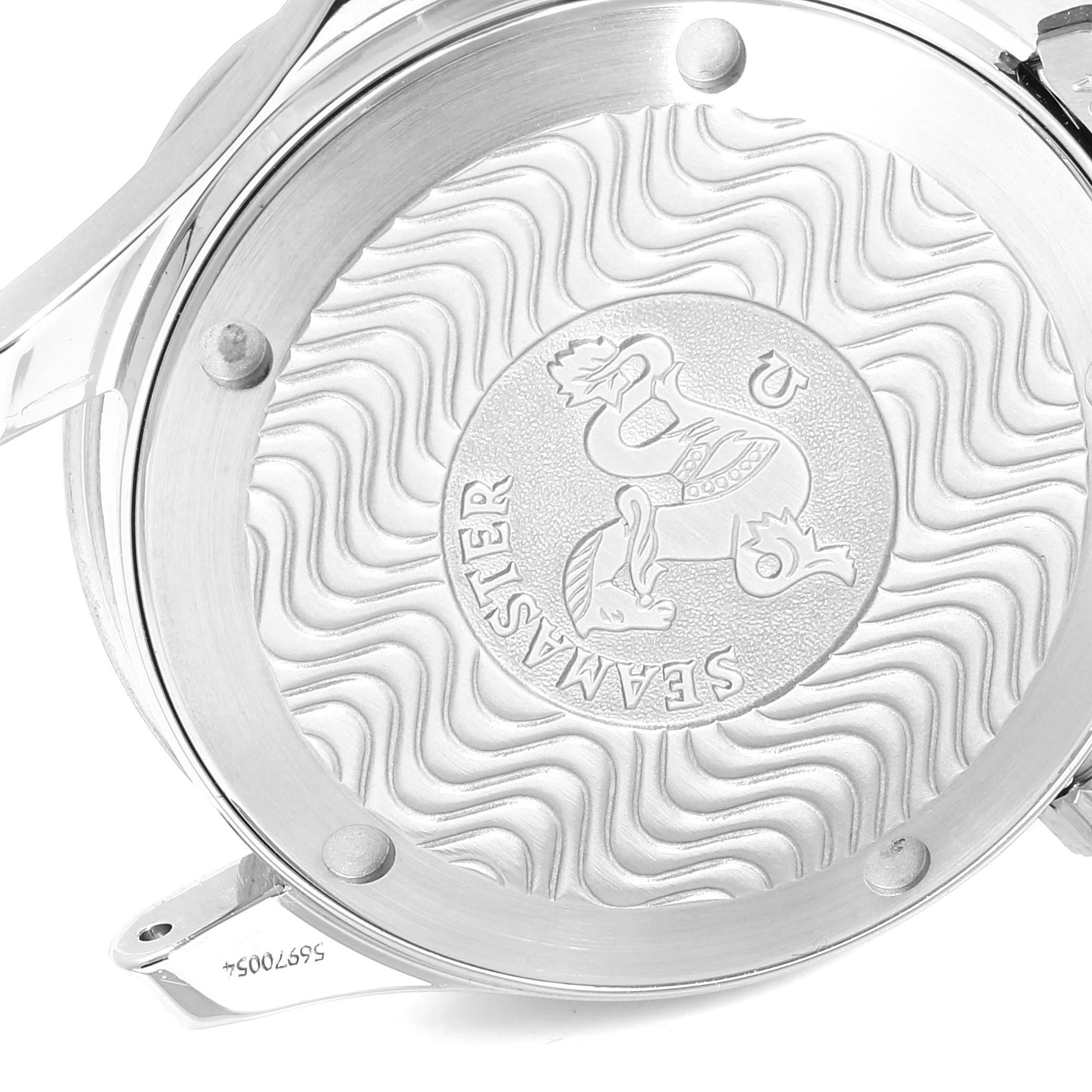 This image shows the back case of an Omega Seamaster 2262.50.00  Men
s Stainless Steel Black Dial 2262.50.00  Men
s Stainless Steel Black Dial watch with its distinctive logo and wave pattern.