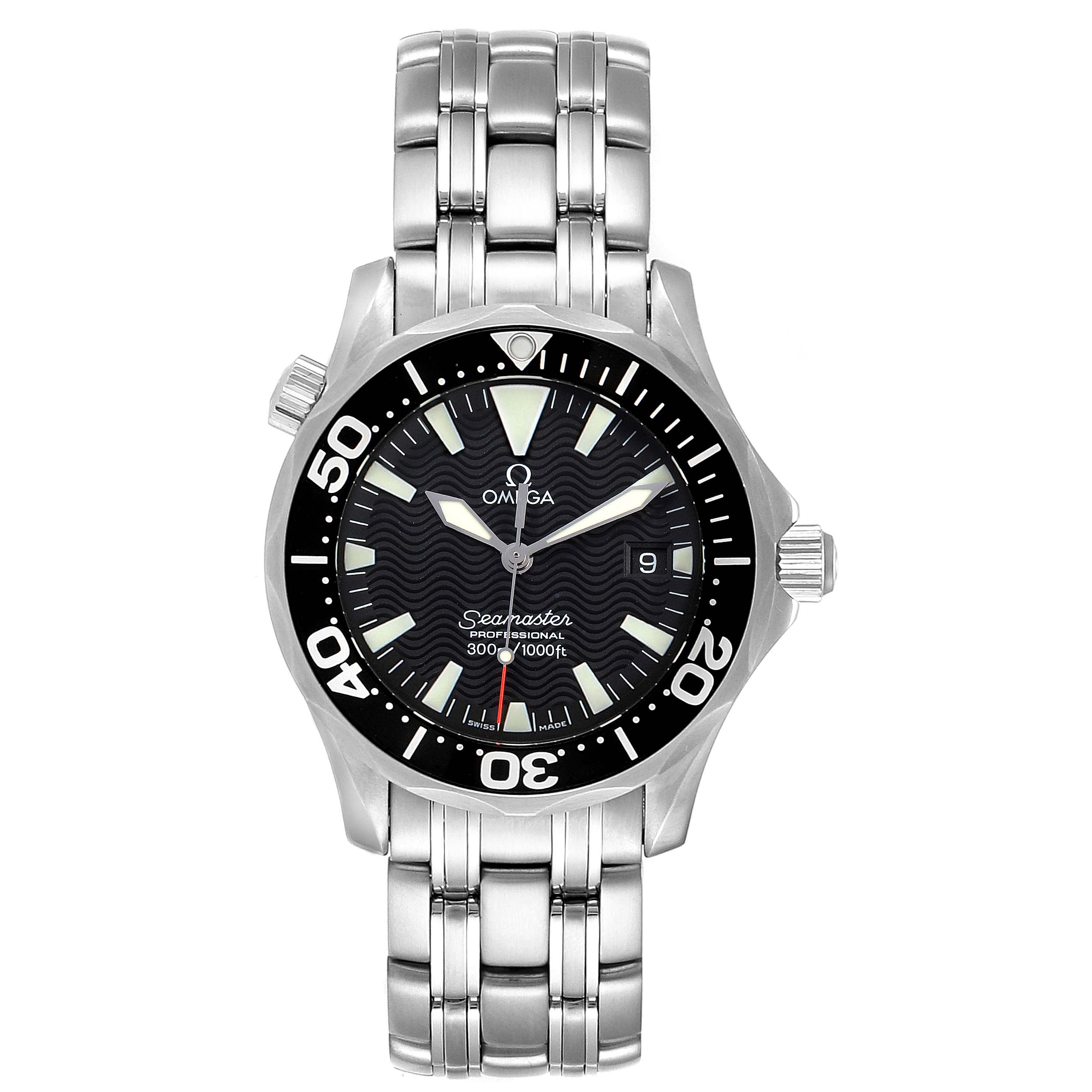 The image shows a front view of the Omega Seamaster 2262.50.00  Men
s Stainless Steel Black Dial 2262.50.00  Men
s Stainless Steel Black Dial watch, highlighting its face, bezel, crown, and metal bracelet.