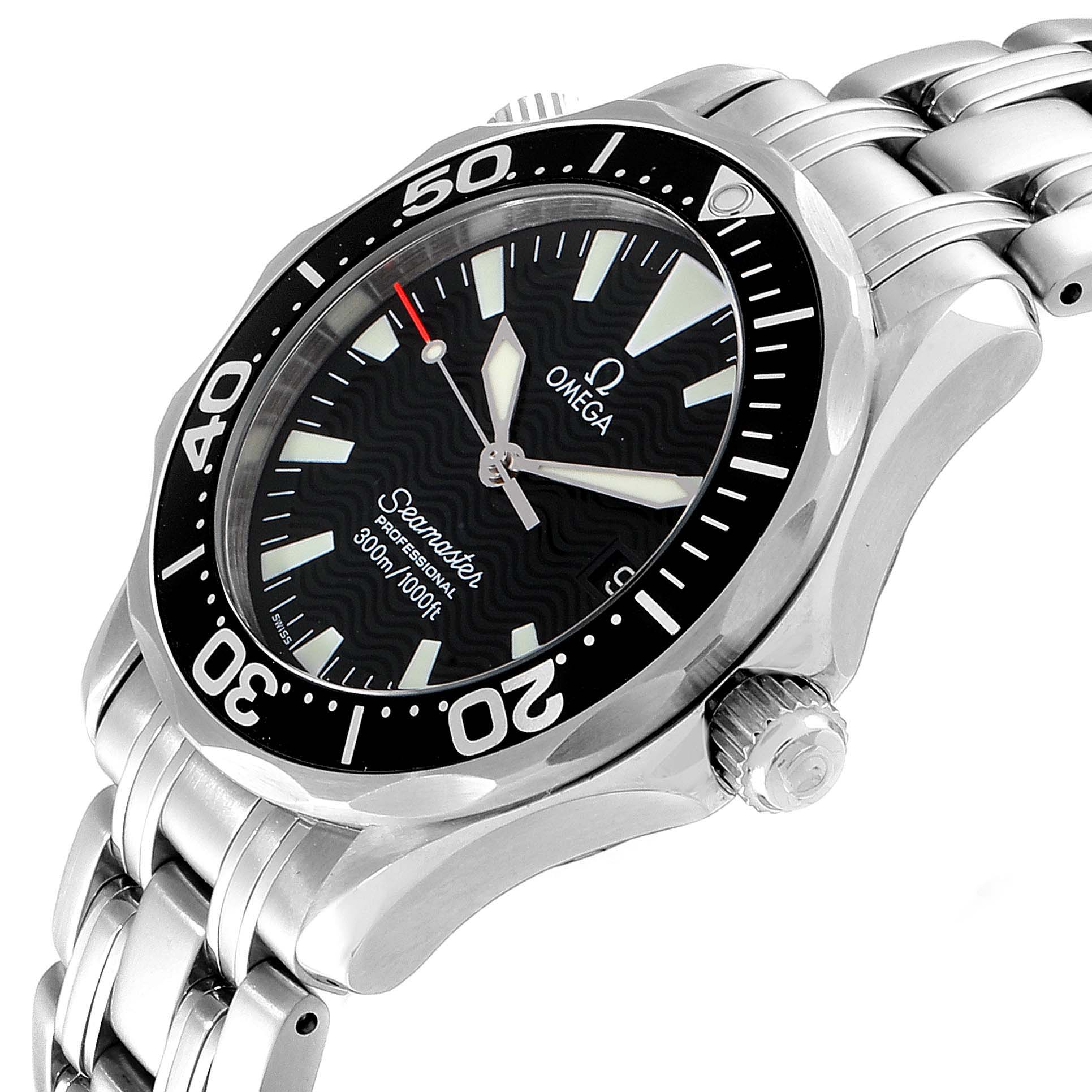The Omega Seamaster 2262.50.00  Men
s Stainless Steel Black Dial 2262.50.00  Men
s Stainless Steel Black Dial watch is shown at an angle highlighting the watch face, bezel, crown, and portion of the metal bracelet.