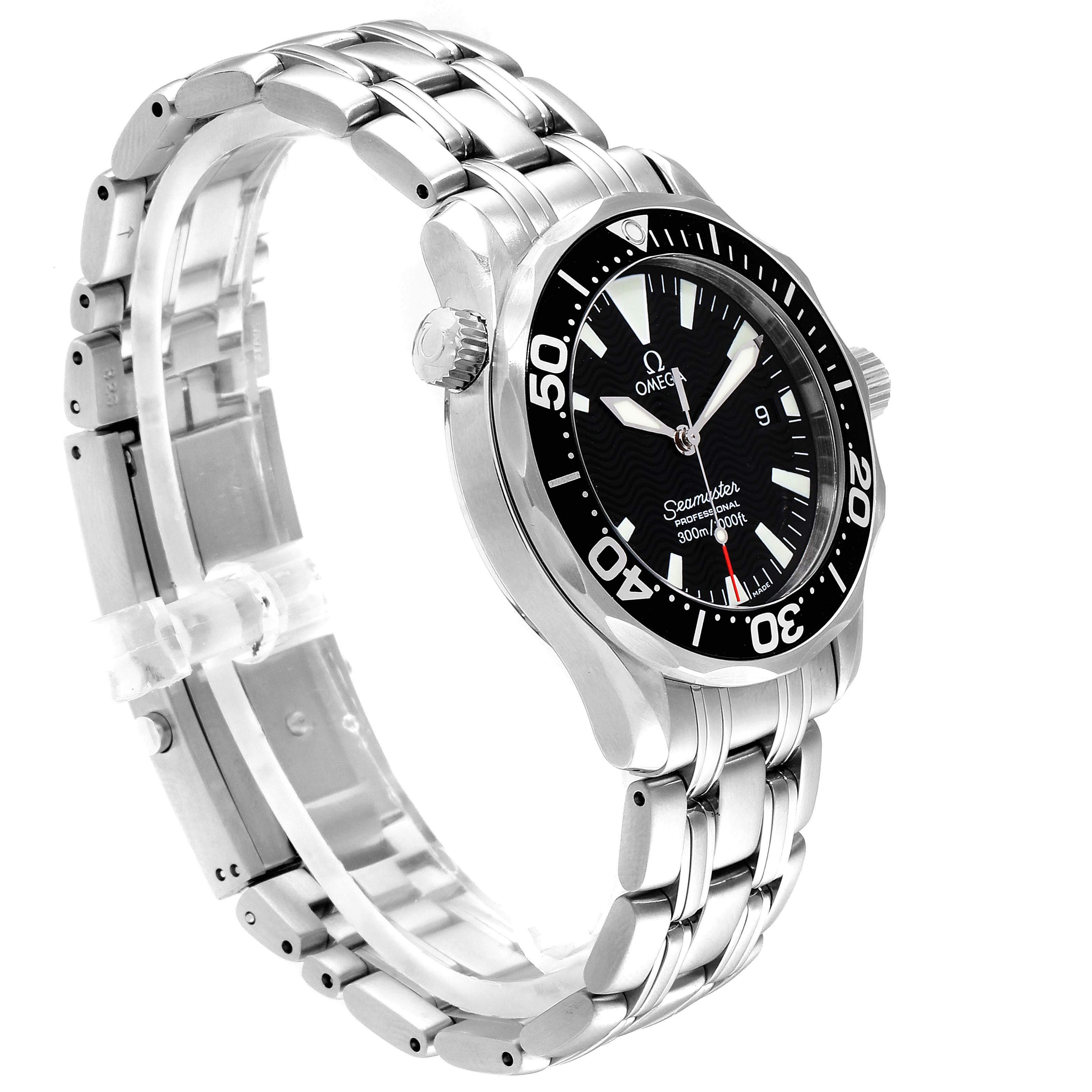 The image shows an angled view of the Omega Seamaster 2262.50.00  Men
s Stainless Steel Black Dial 2262.50.00  Men
s Stainless Steel Black Dial watch, highlighting its face, bezel, crown, and stainless steel bracelet.