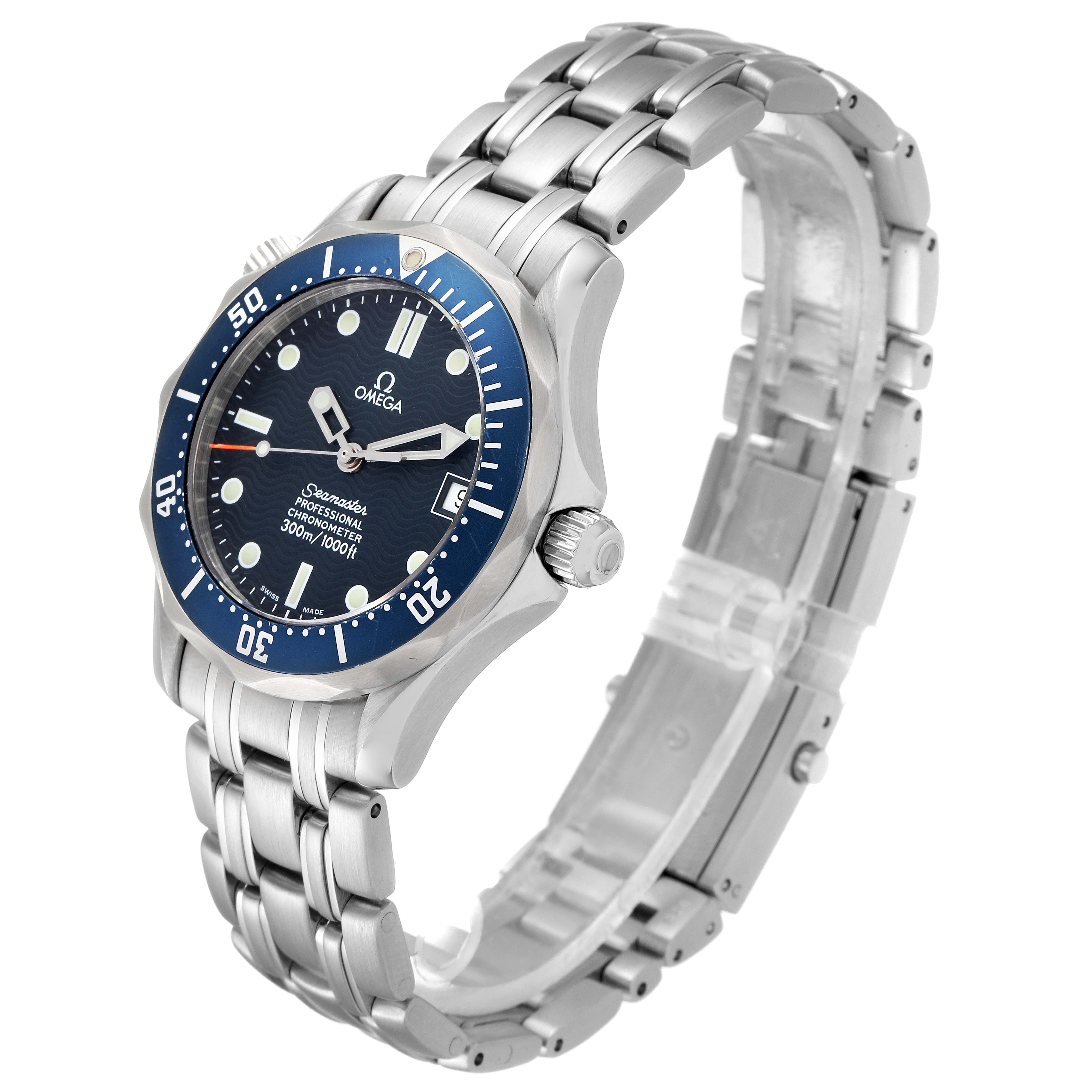 The image shows an Omega Seamaster 2551.80.00 Men
s Stainless Steel Blue Dial 2551.80.00 Men
s Stainless Steel Blue Dial watch at a tilted angle, highlighting its face, bezel, crown, and stainless steel bracelet.