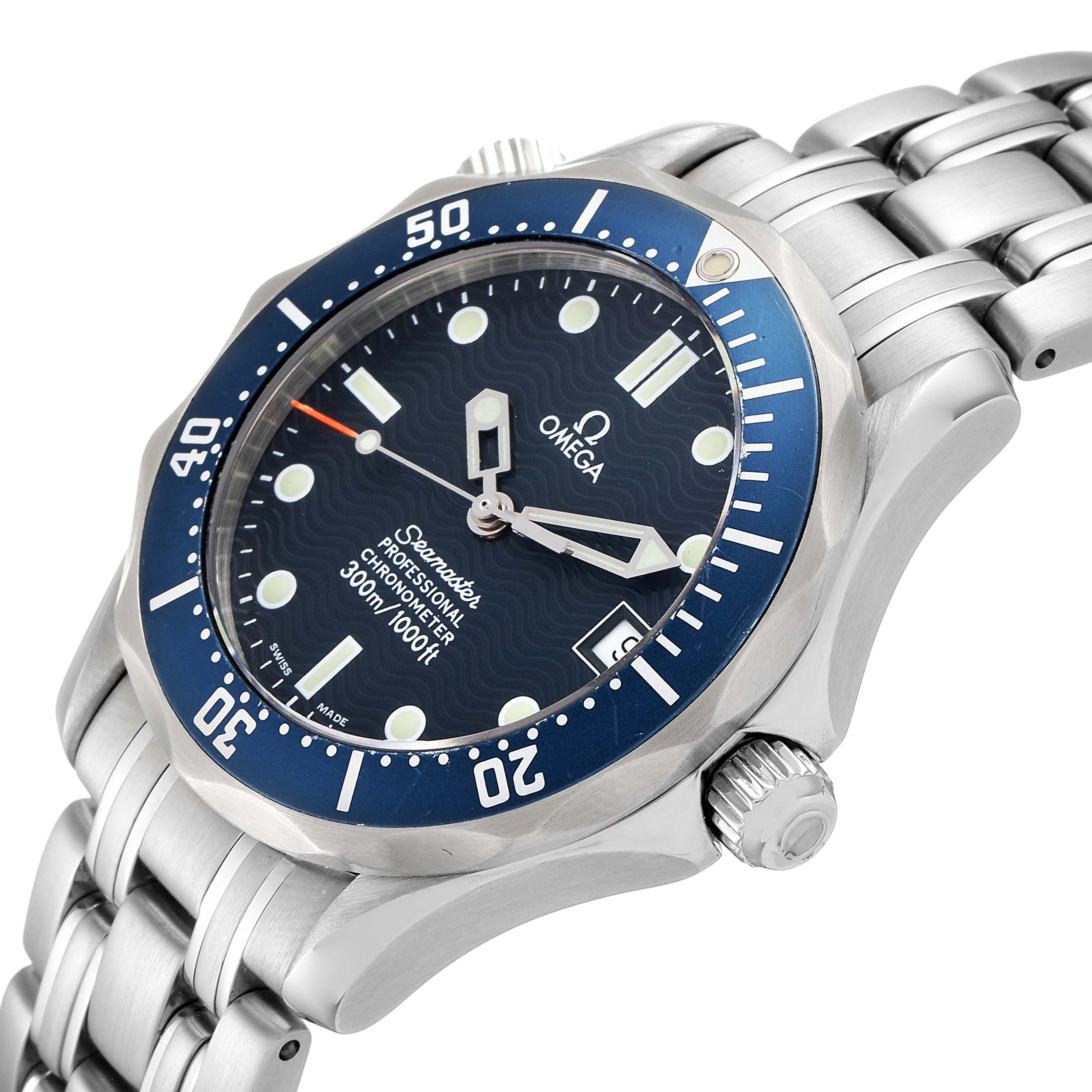 The image shows a close-up, angled view of the Omega Seamaster 2551.80.00 Men
s Stainless Steel Blue Dial 2551.80.00 Men
s Stainless Steel Blue Dial watch, highlighting the dial, bezel, crown, and part of the bracelet.