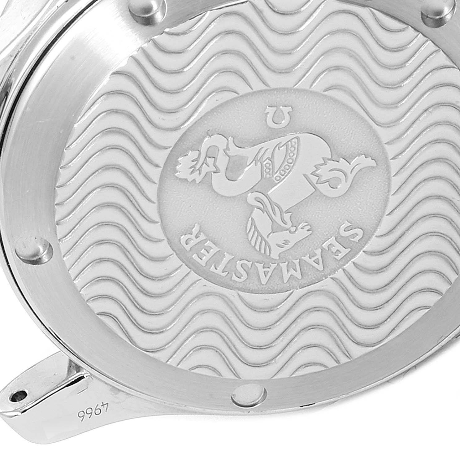 This image shows the back case of the Omega Seamaster 2551.80.00 Men
s Stainless Steel Blue Dial 2551.80.00 Men
s Stainless Steel Blue Dial watch, including the engraved design and text.