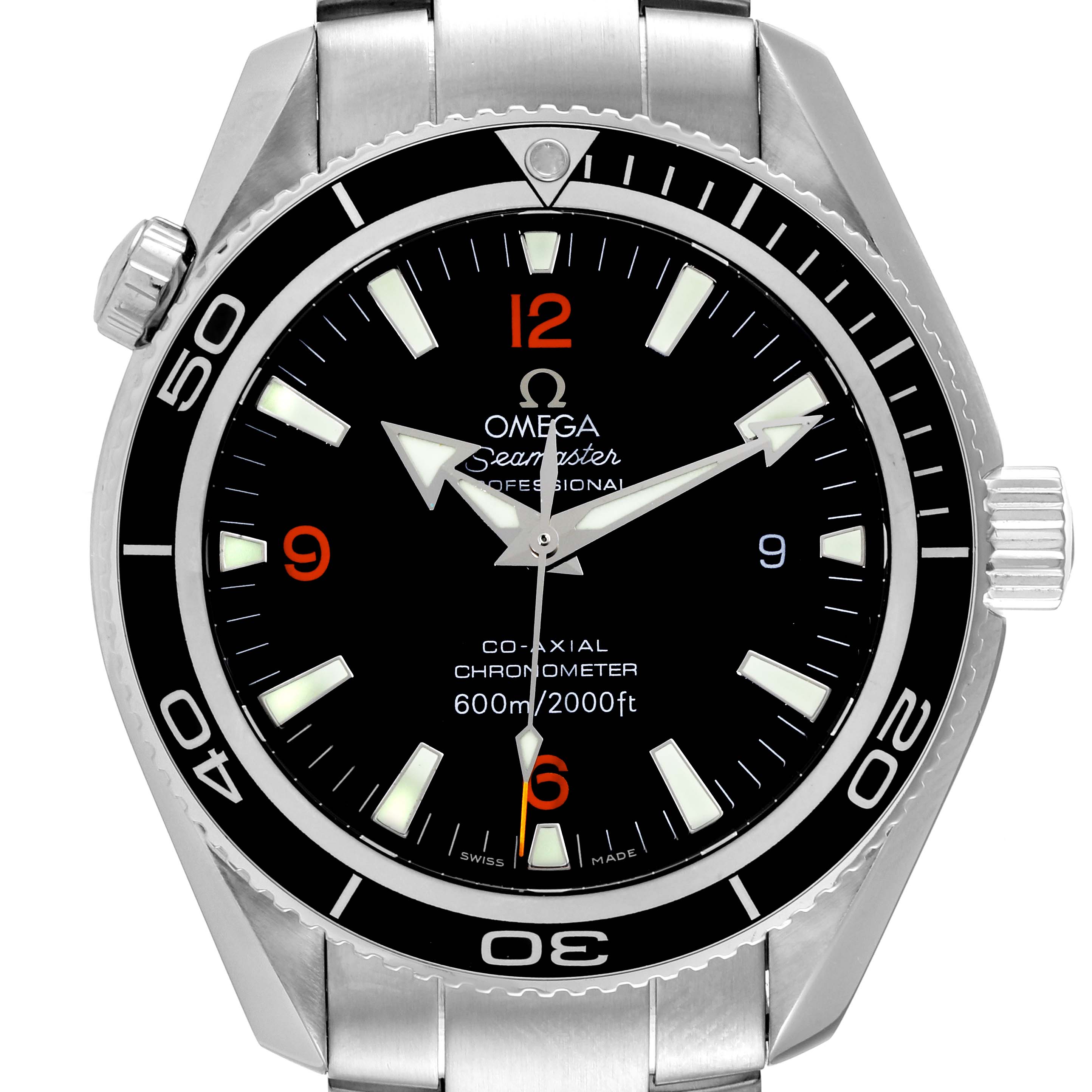 The Omega Planet Ocean 2201.51.00 Men's Stainless Steel Black Dial 2201.51.00 Men's Stainless Steel Black Dial watch is shown from a front angle, highlighting its dial, bezel, hands, and crown.