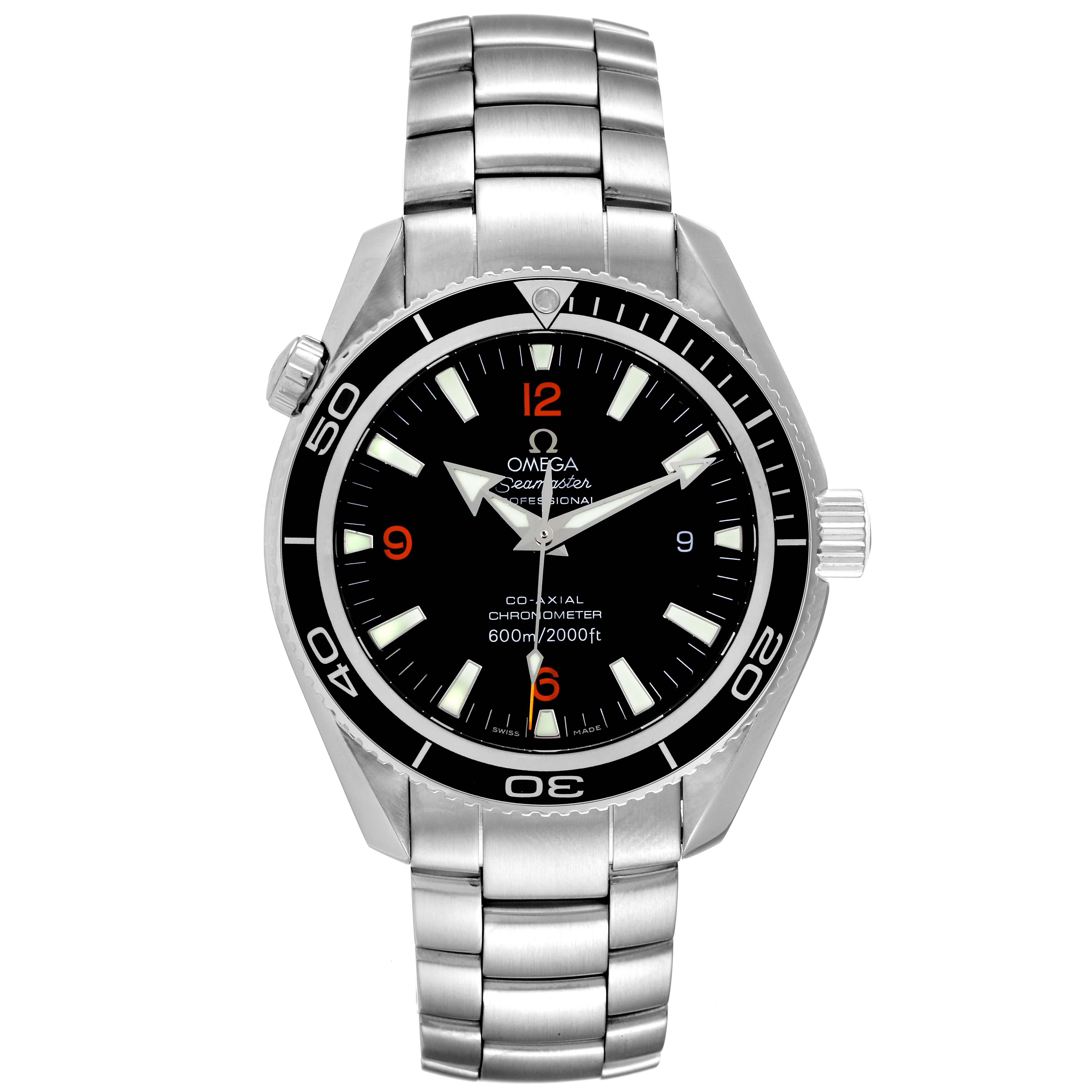 The image shows a front view of the Omega Planet Ocean 2201.51.00 Men's Stainless Steel Black Dial 2201.51.00 Men's Stainless Steel Black Dial watch, displaying its face and stainless steel bracelet.