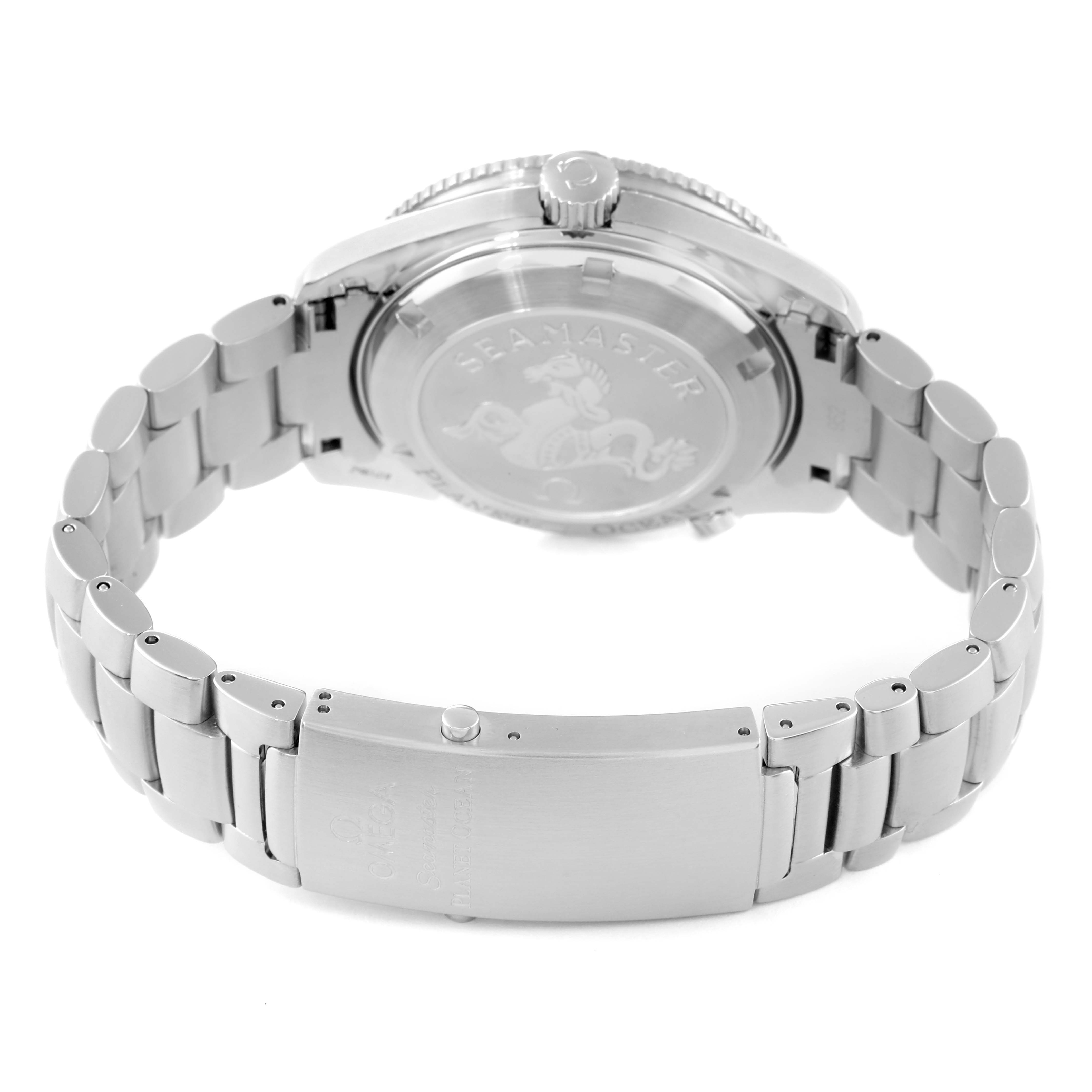 This image shows the Omega Planet Ocean 2201.51.00 Men's Stainless Steel Black Dial 2201.51.00 Men's Stainless Steel Black Dial watch from the back, highlighting the case back, bracelet, and clasp.