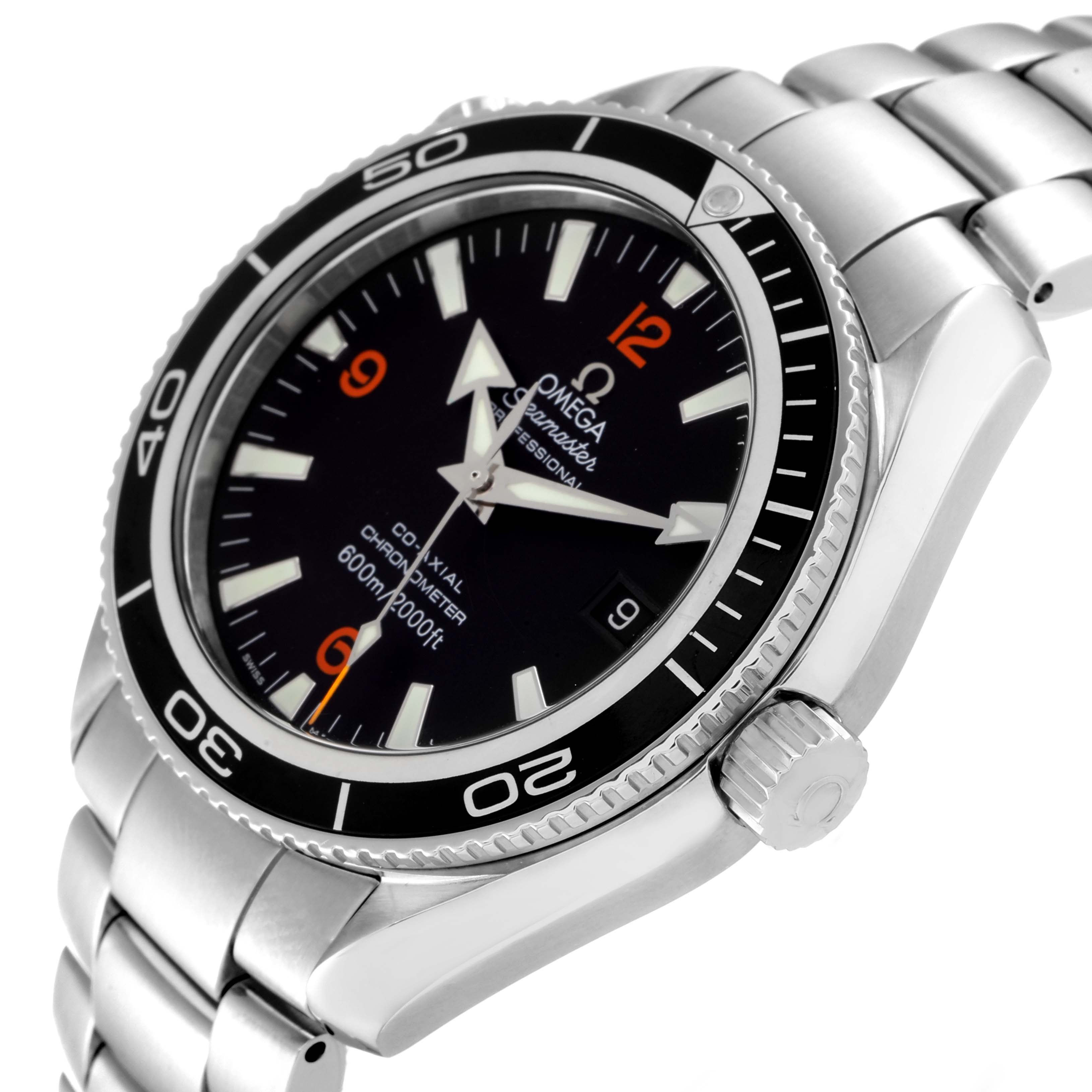 This image shows an angled view of an Omega Planet Ocean 2201.51.00 Men's Stainless Steel Black Dial 2201.51.00 Men's Stainless Steel Black Dial watch, highlighting the face, bezel, crown, and part of the bracelet.