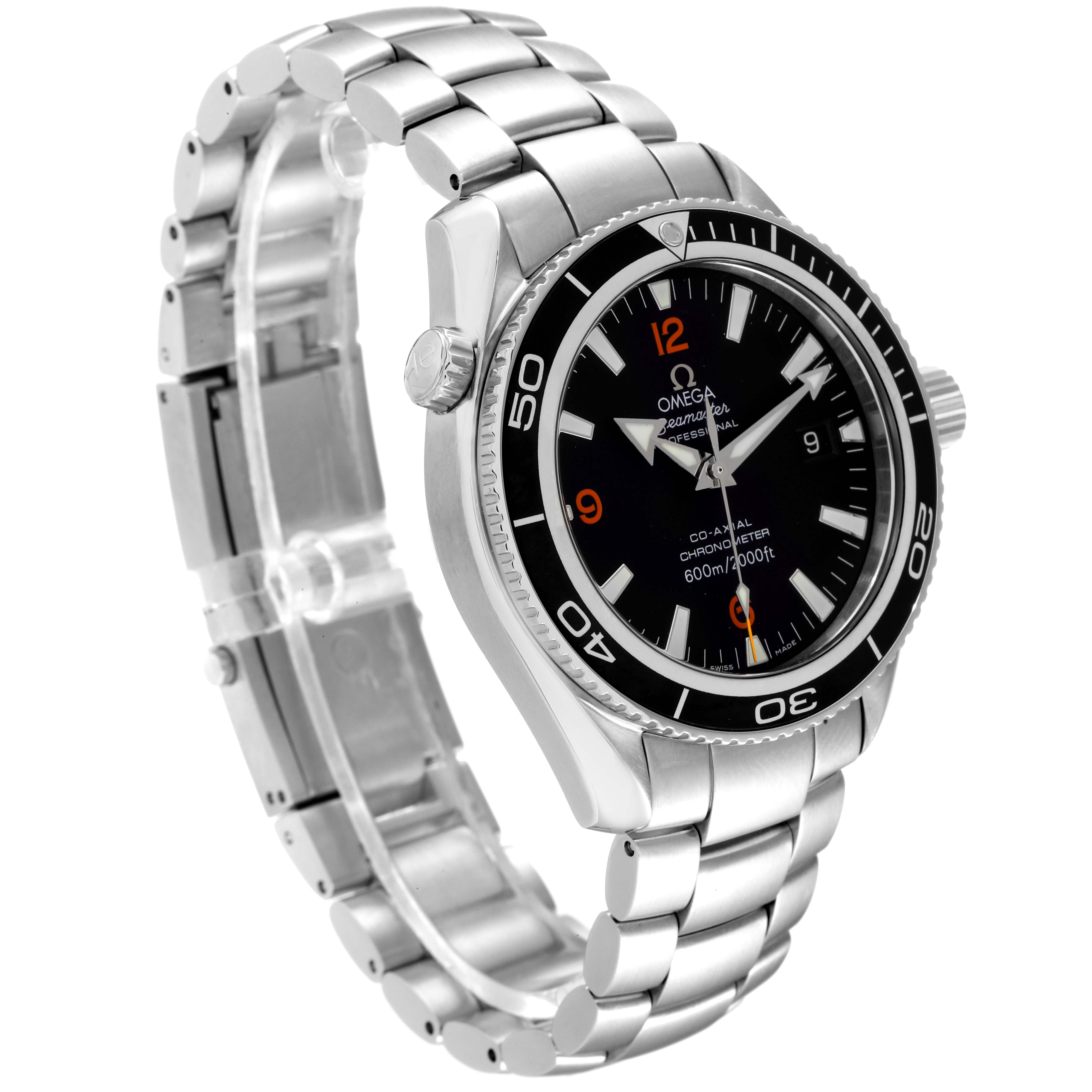 The image shows the Omega Planet Ocean 2201.51.00 Men's Stainless Steel Black Dial 2201.51.00 Men's Stainless Steel Black Dial watch angled to display its face, bezel, crown, and stainless steel bracelet.