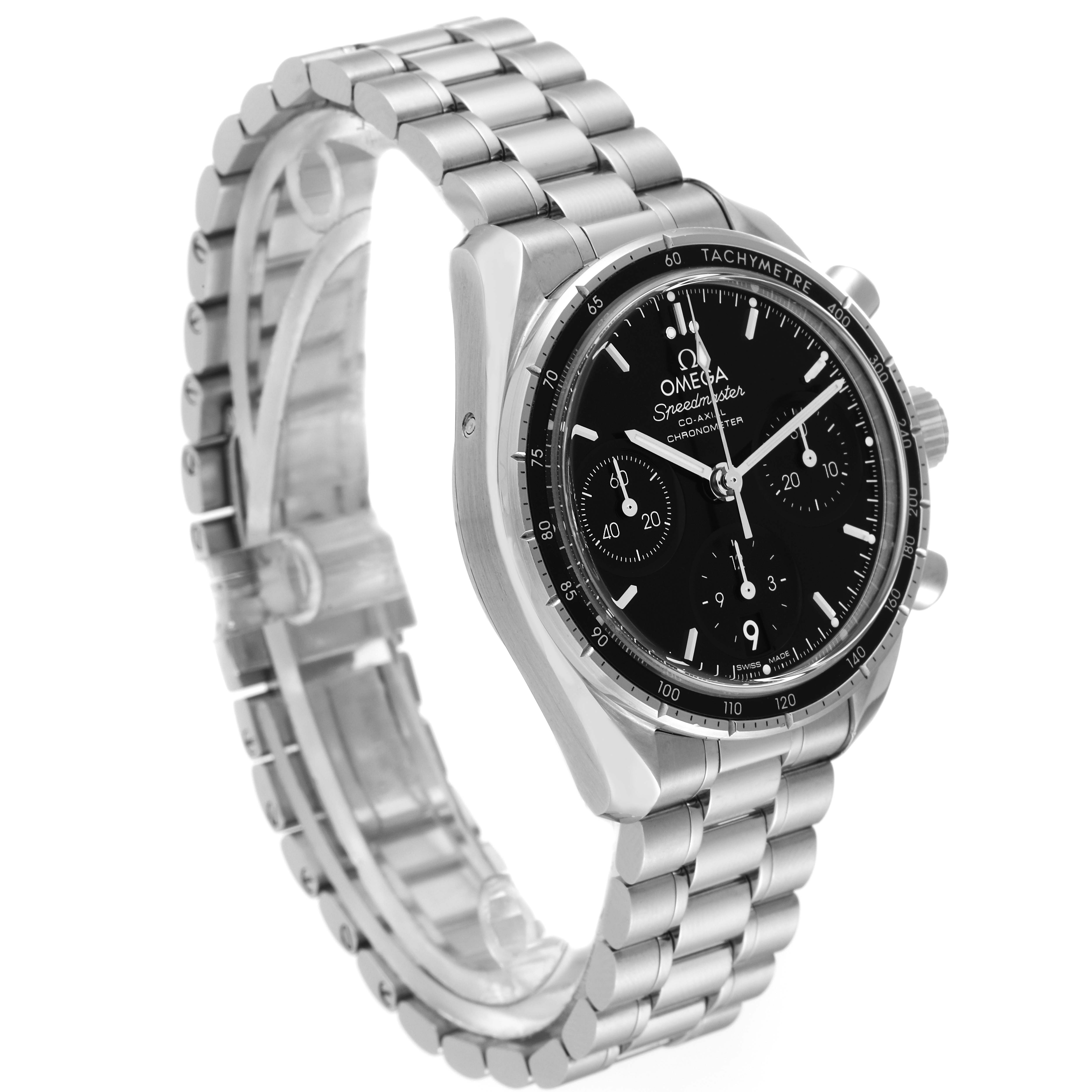 The Omega Speedmaster 324.30.38.50.01.001 Men's Stainless Steel Black Dial 324.30.38.50.01.001 Men's Stainless Steel Black Dial watch is shown at a 3/4 angle, highlighting its black dial, chronograph features, bezel, and metal bracelet.
