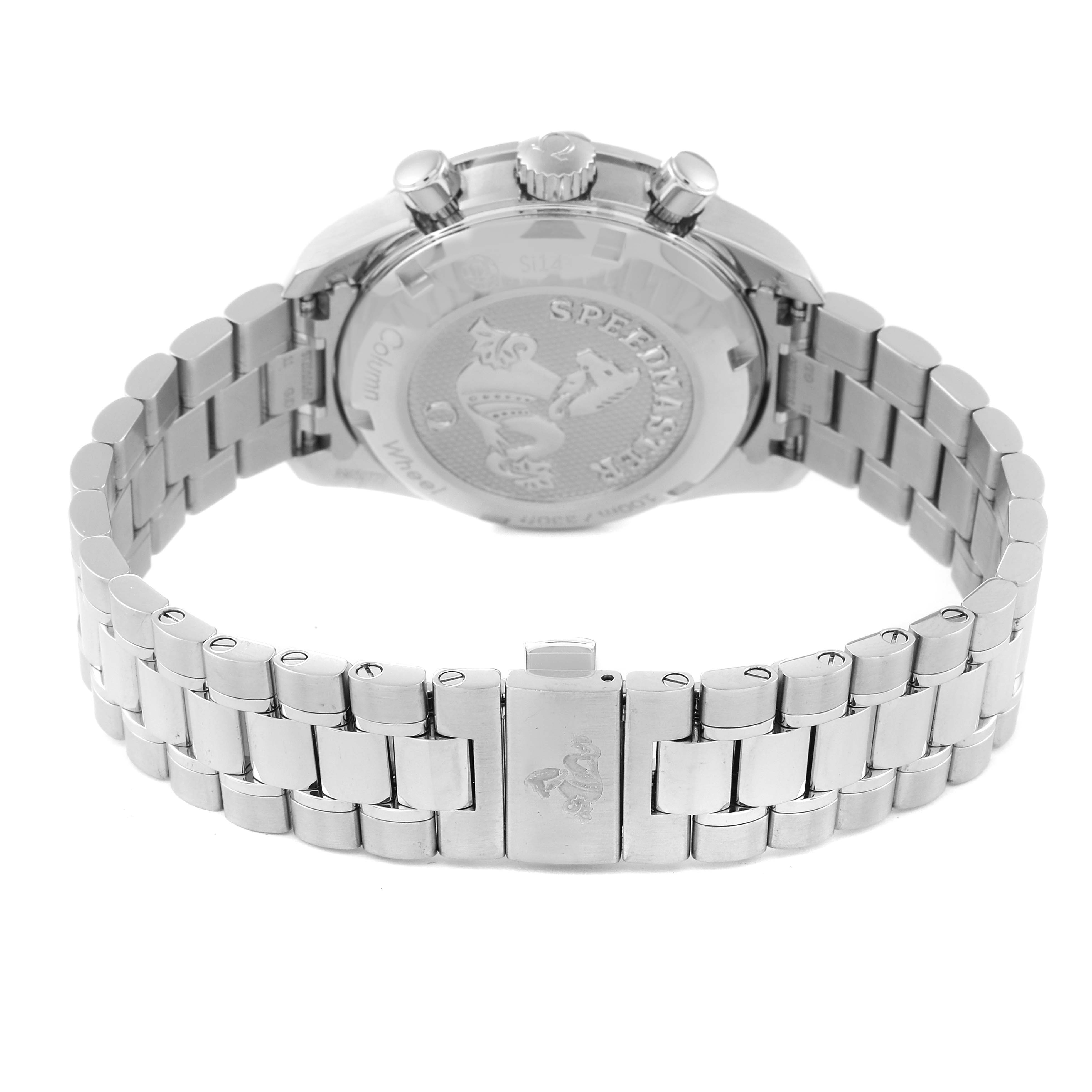 The image shows the back case and bracelet of an Omega Speedmaster 324.30.38.50.01.001 Men's Stainless Steel Black Dial 324.30.38.50.01.001 Men's Stainless Steel Black Dial watch, viewed from the rear.