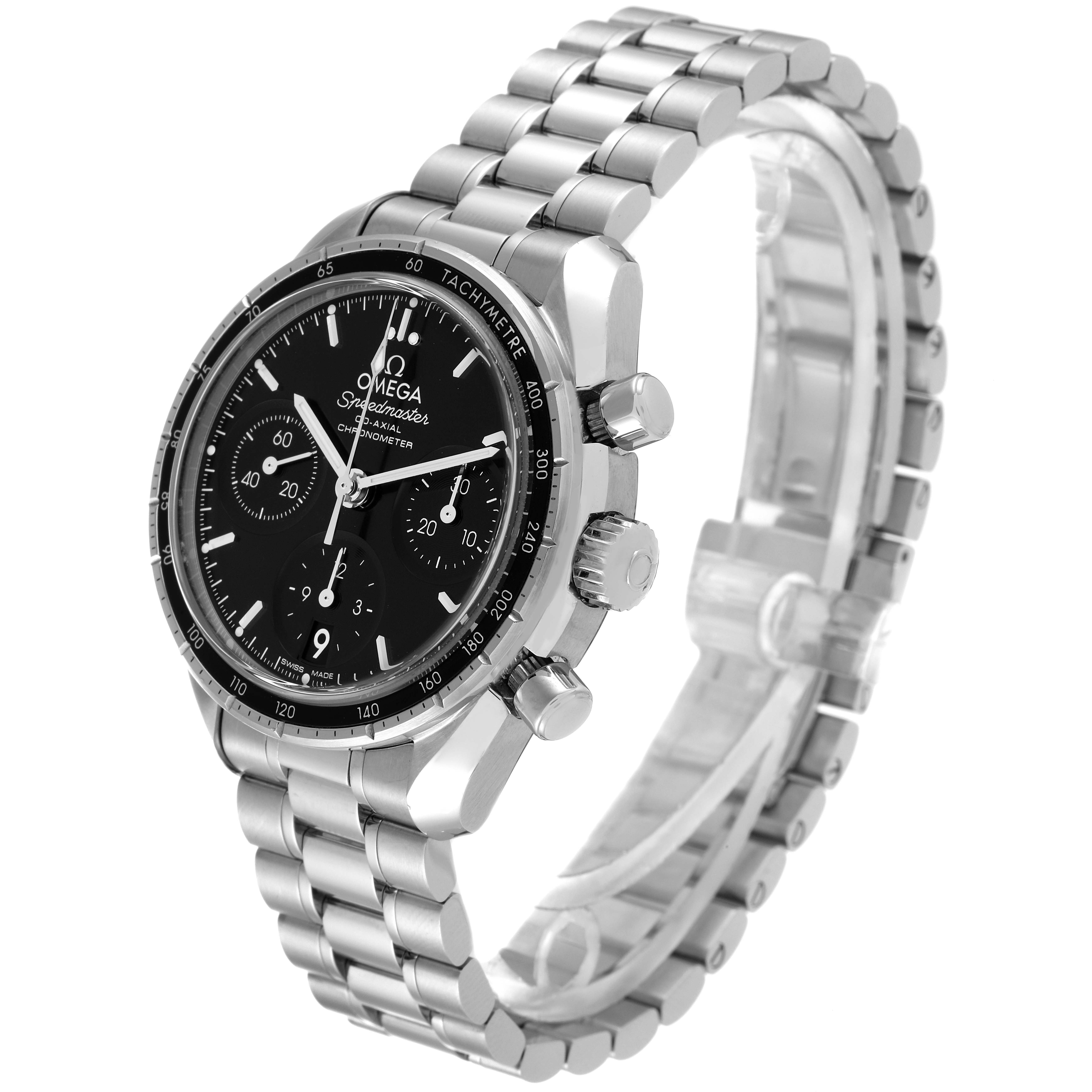 The Omega Speedmaster 324.30.38.50.01.001 Men's Stainless Steel Black Dial 324.30.38.50.01.001 Men's Stainless Steel Black Dial watch is shown at a three-quarter angle, displaying the face, bezel, crown, pushers, and stainless steel bracelet.