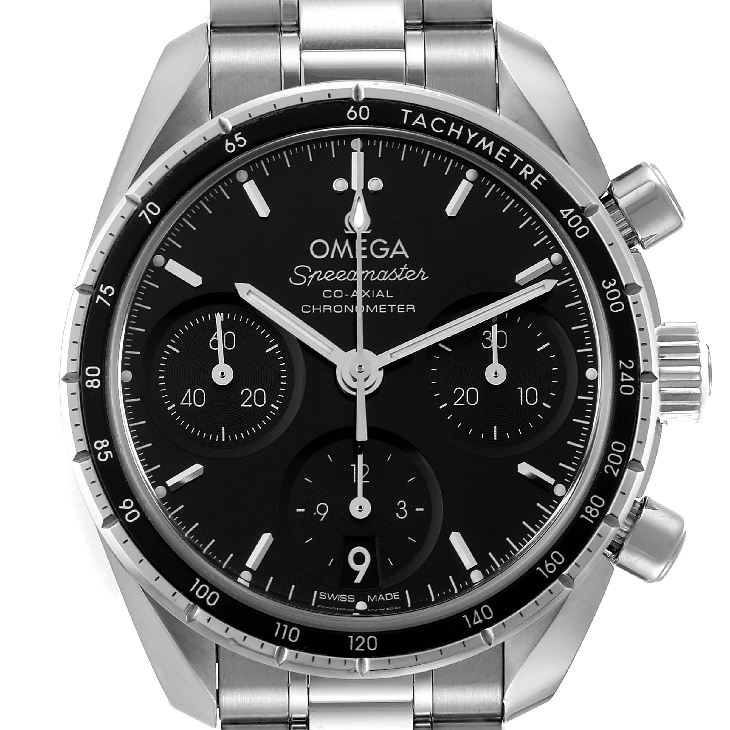 This image shows a front view of the Omega Speedmaster 324.30.38.50.01.001 Men's Stainless Steel Black Dial 324.30.38.50.01.001 Men's Stainless Steel Black Dial watch, highlighting its black dial, chronograph subdials, and tachymeter bezel.