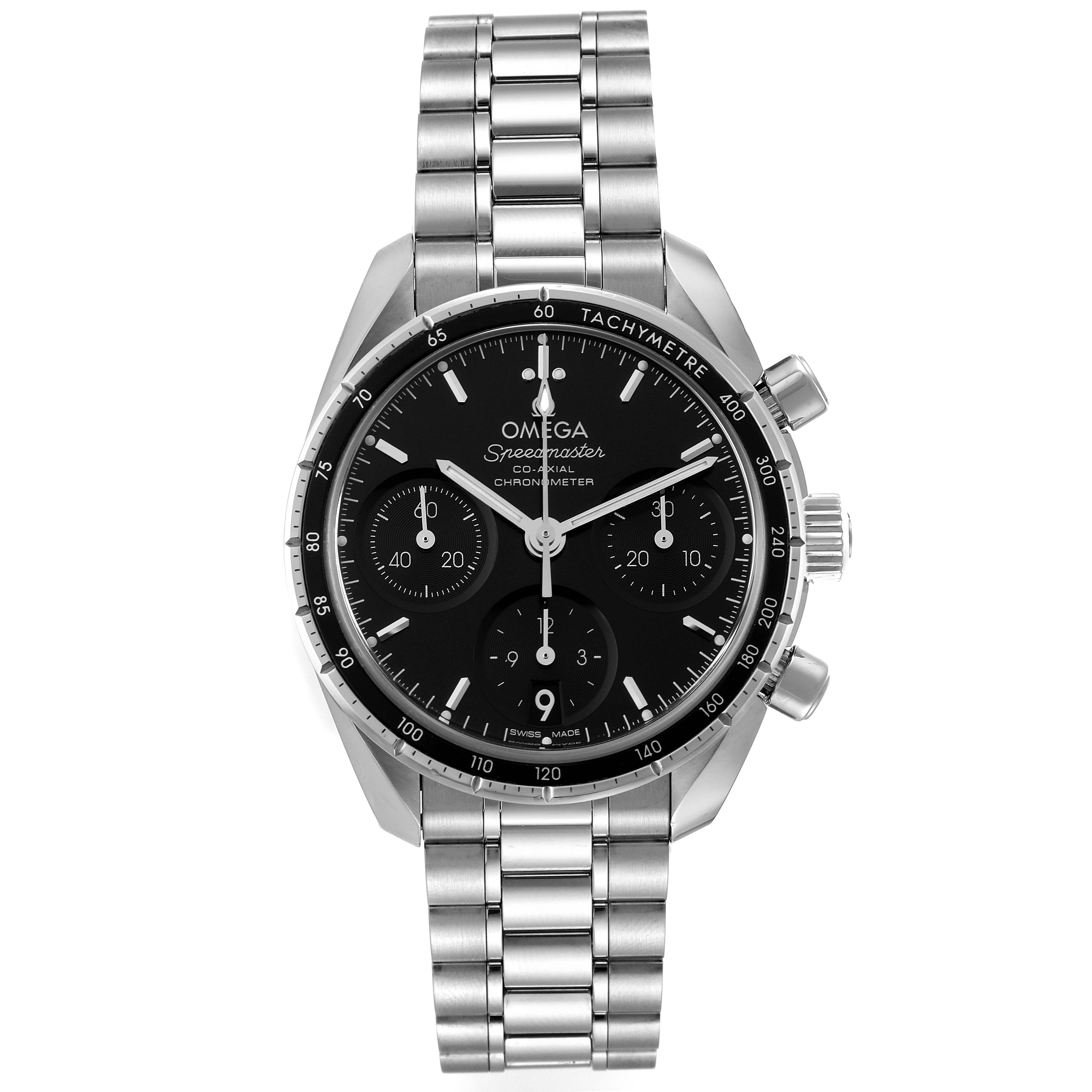 This image shows a frontal view of the Omega Speedmaster 324.30.38.50.01.001 Men's Stainless Steel Black Dial 324.30.38.50.01.001 Men's Stainless Steel Black Dial watch, highlighting the dial, bezel, subdials, and stainless steel bracelet.