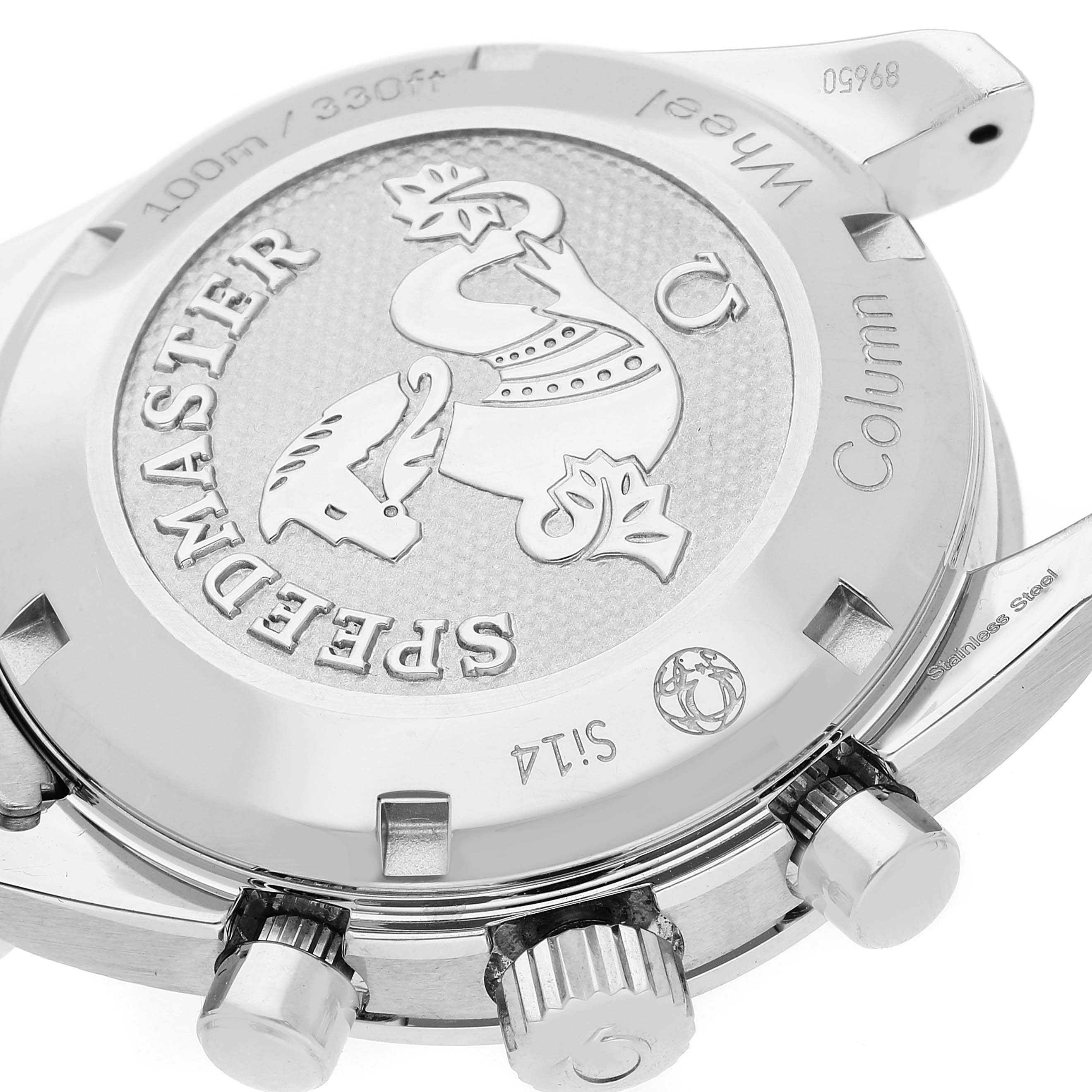 The image shows the case back and crown of an Omega Speedmaster 324.30.38.50.01.001 Men's Stainless Steel Black Dial 324.30.38.50.01.001 Men's Stainless Steel Black Dial watch, highlighting the engraved logo and text.