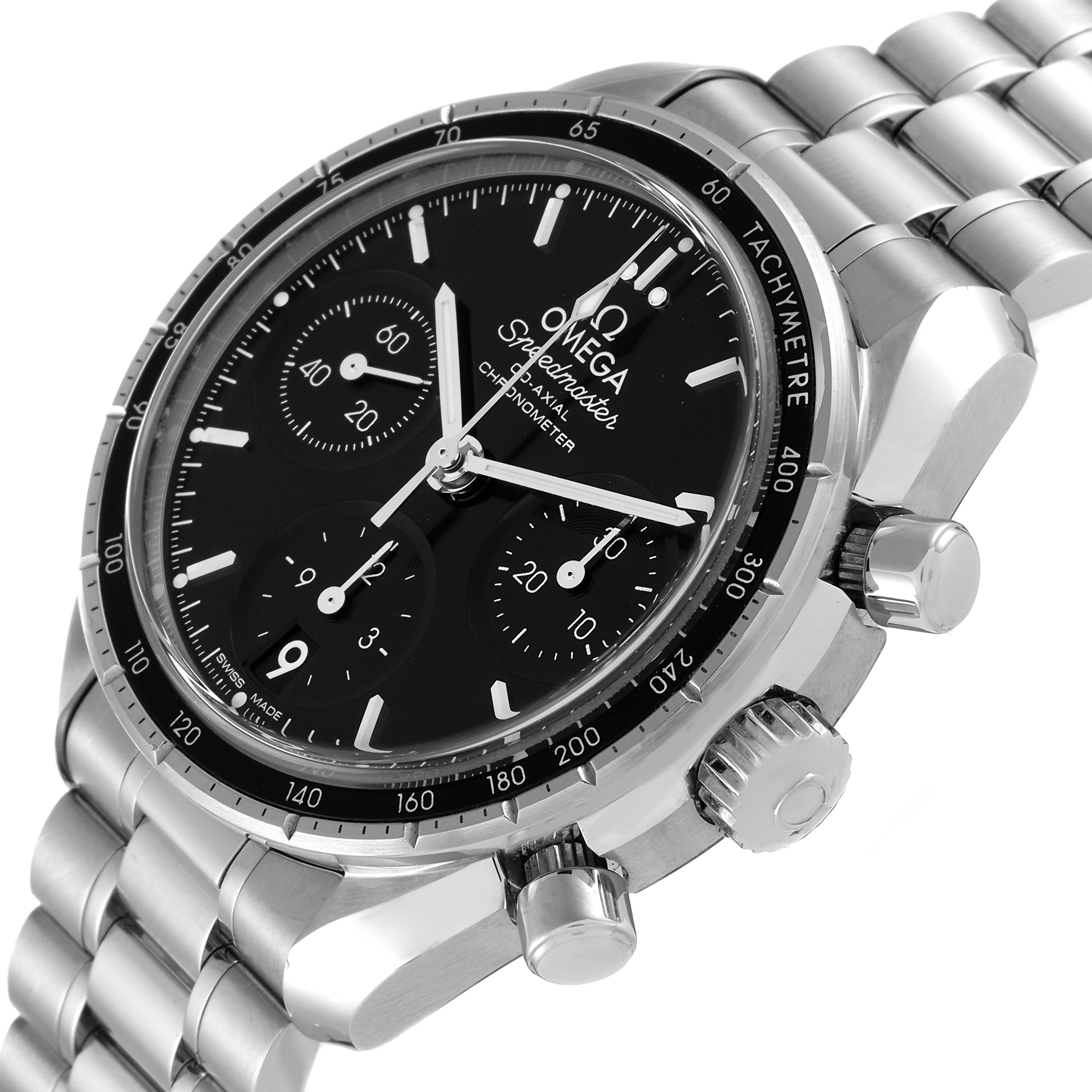 The image shows an Omega Speedmaster 324.30.38.50.01.001 Men's Stainless Steel Black Dial 324.30.38.50.01.001 Men's Stainless Steel Black Dial watch at an angled close-up, highlighting its face, bezel, and bracelet.