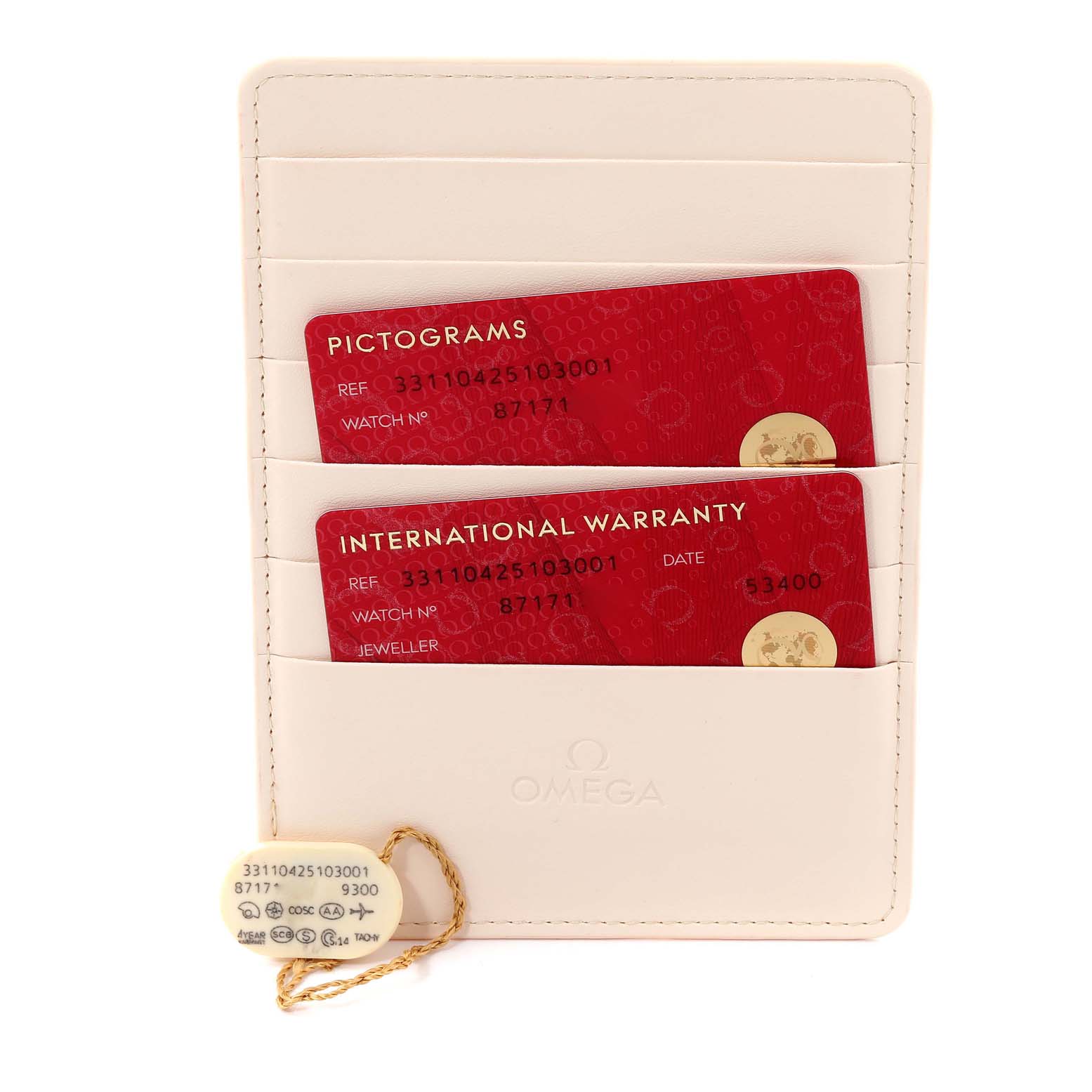 The image shows the warranty cards and a tag from an Omega Speedmaster 331.10.42.51.03.001 Men's Stainless Steel Blue Dial 331.10.42.51.03.001 Men's Stainless Steel Blue Dial watch, placed inside a cardholder.