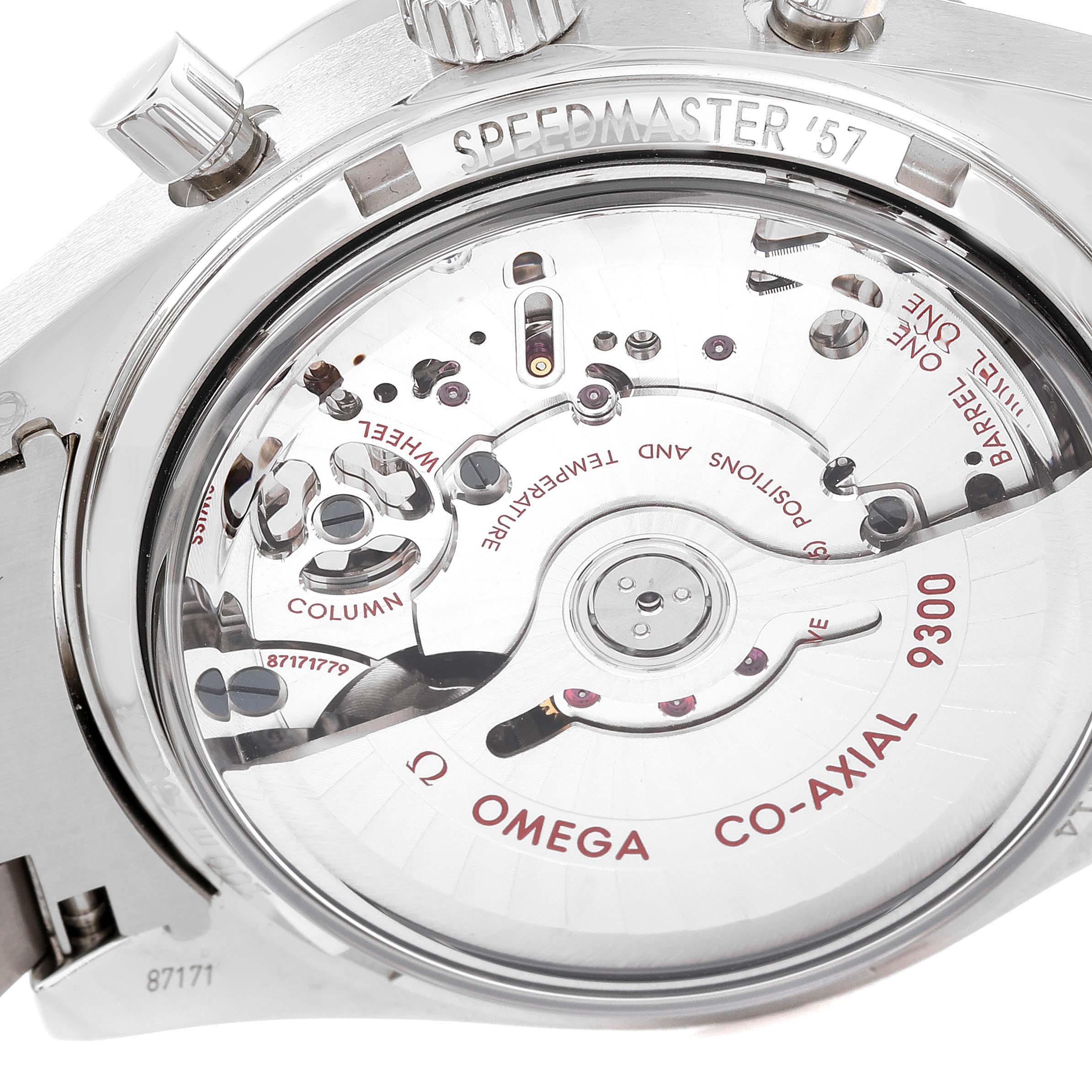 The image shows a close-up of the case back of an Omega Speedmaster 331.10.42.51.03.001 Men's Stainless Steel Blue Dial 331.10.42.51.03.001 Men's Stainless Steel Blue Dial '57, highlighting the movement and internal mechanisms.