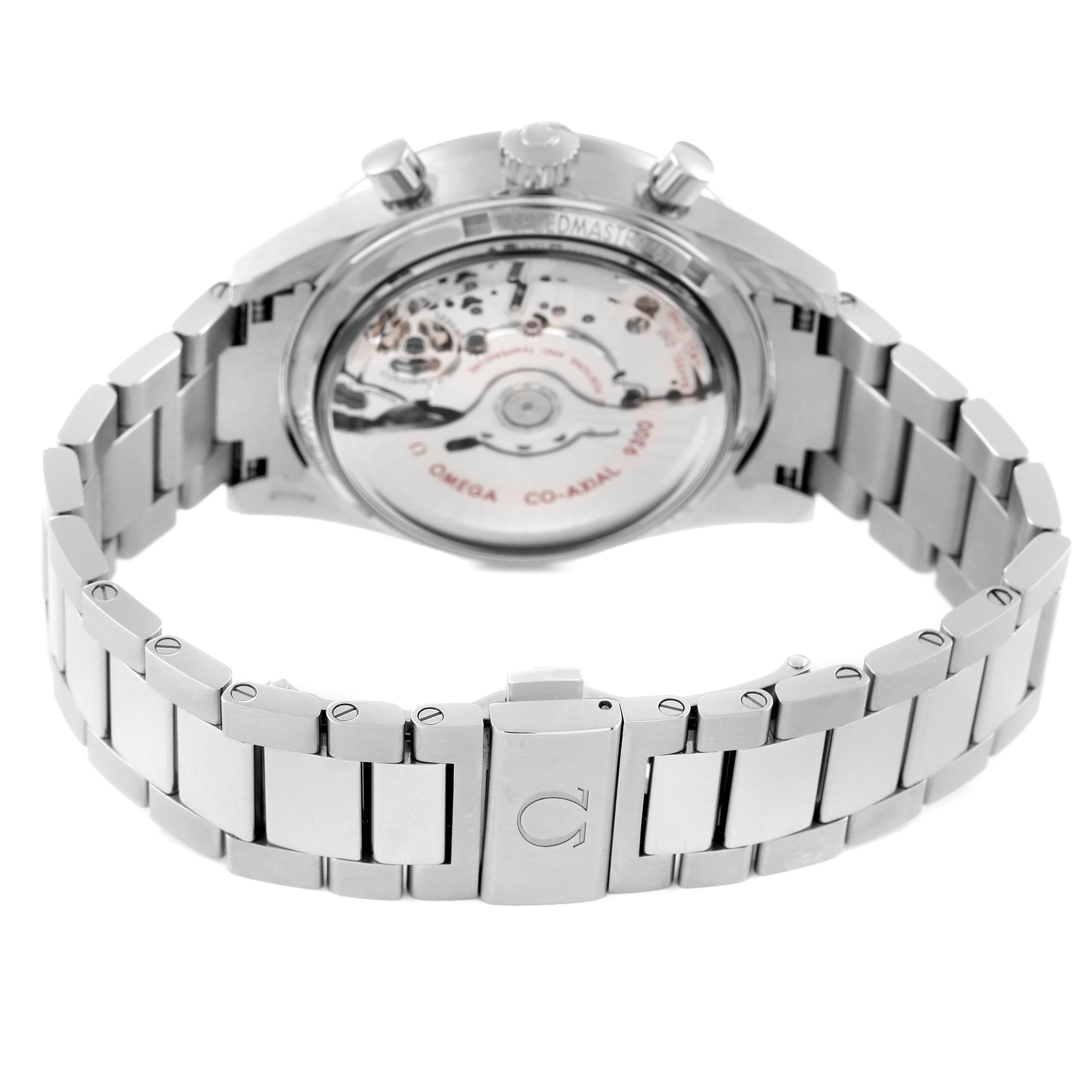 The image shows the back view of an Omega Speedmaster 331.10.42.51.03.001 Men's Stainless Steel Blue Dial 331.10.42.51.03.001 Men's Stainless Steel Blue Dial watch, highlighting its transparent case back and metal bracelet.