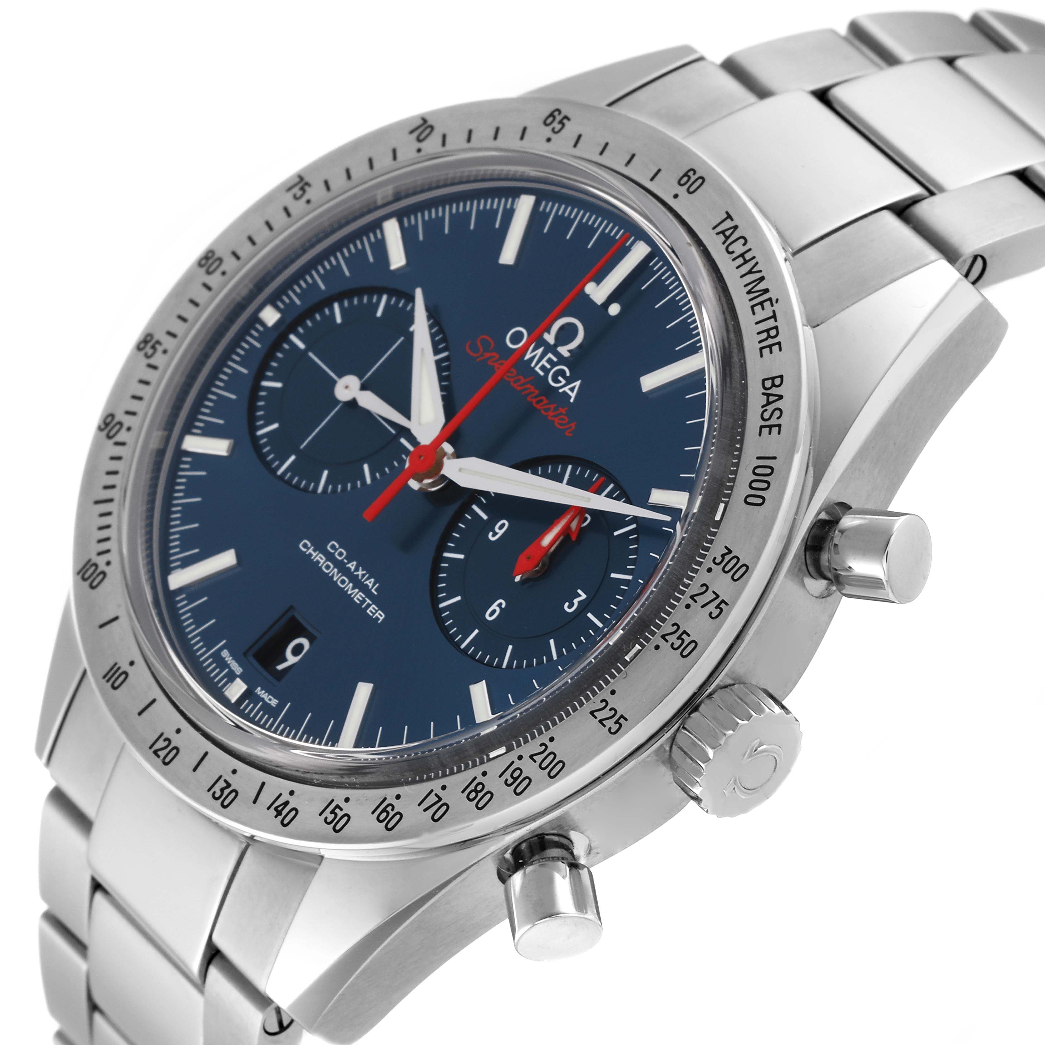 This Omega Speedmaster 331.10.42.51.03.001 Men's Stainless Steel Blue Dial 331.10.42.51.03.001 Men's Stainless Steel Blue Dial watch is shown at a slightly angled front view, displaying its face, bezel, crown, and bracelet.