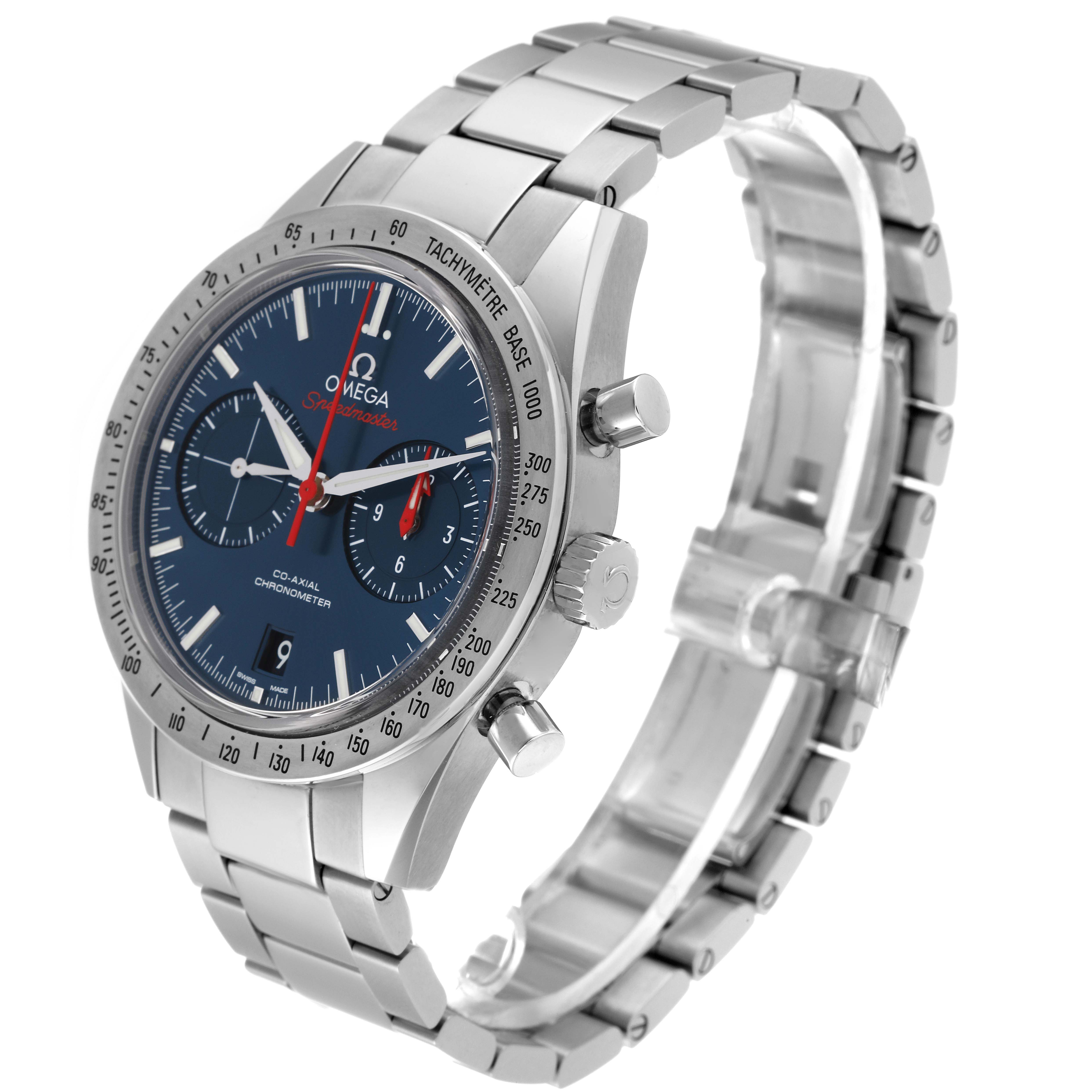 This image shows a side-angle view of the Omega Speedmaster 331.10.42.51.03.001 Men's Stainless Steel Blue Dial 331.10.42.51.03.001 Men's Stainless Steel Blue Dial watch, highlighting its face, bezel, buttons, and metal bracelet.