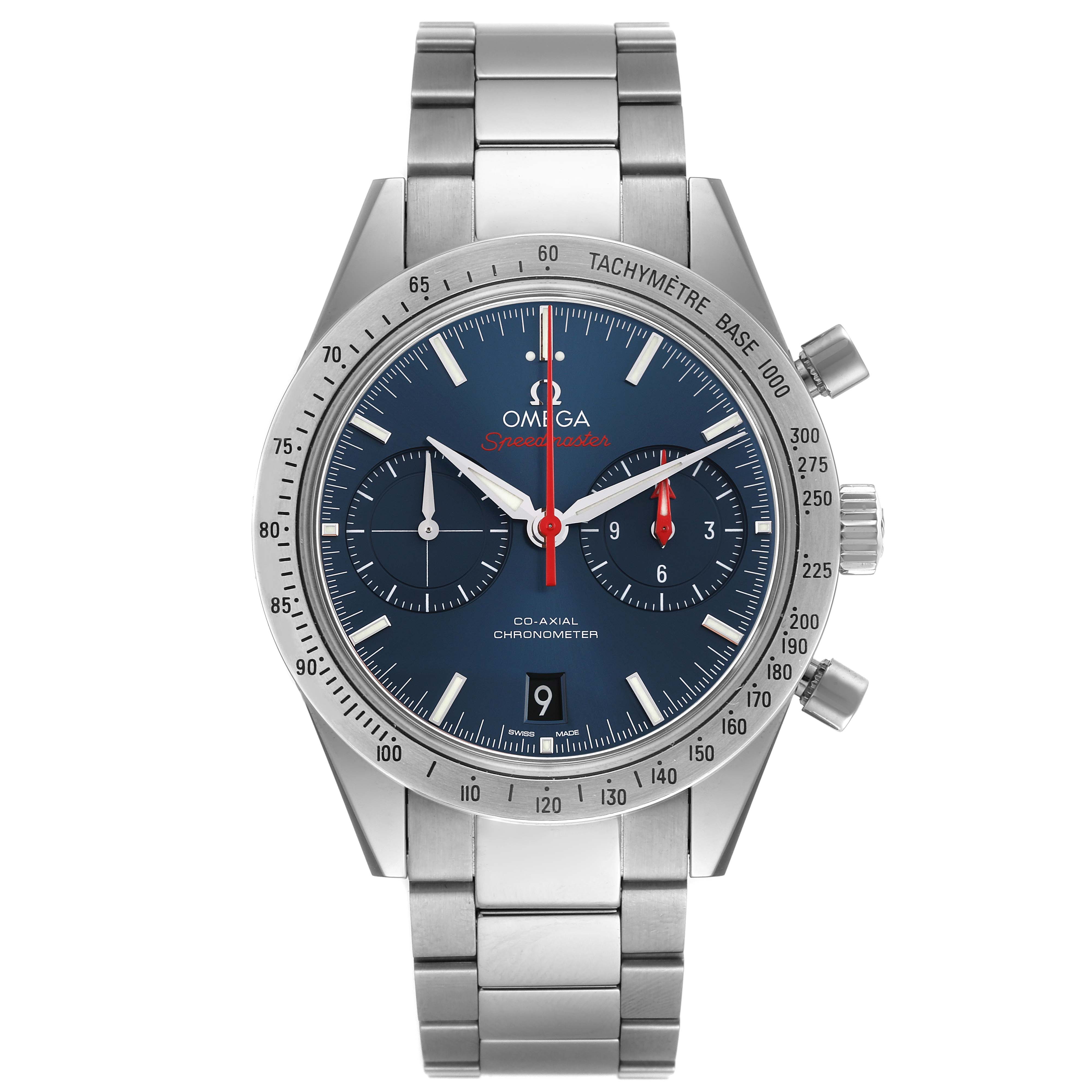 The Omega Speedmaster 331.10.42.51.03.001 Men's Stainless Steel Blue Dial 331.10.42.51.03.001 Men's Stainless Steel Blue Dial watch is shown from a front angle, displaying its dial, tachymeter, and metal bracelet.