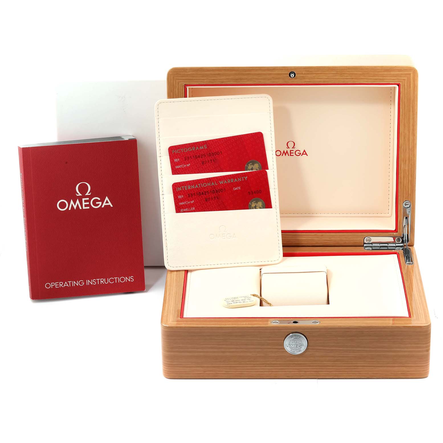 The image shows the Omega Speedmaster 331.10.42.51.03.001 Men's Stainless Steel Blue Dial 331.10.42.51.03.001 Men's Stainless Steel Blue Dial watch box, operating instructions, warranty cards, and original packaging.