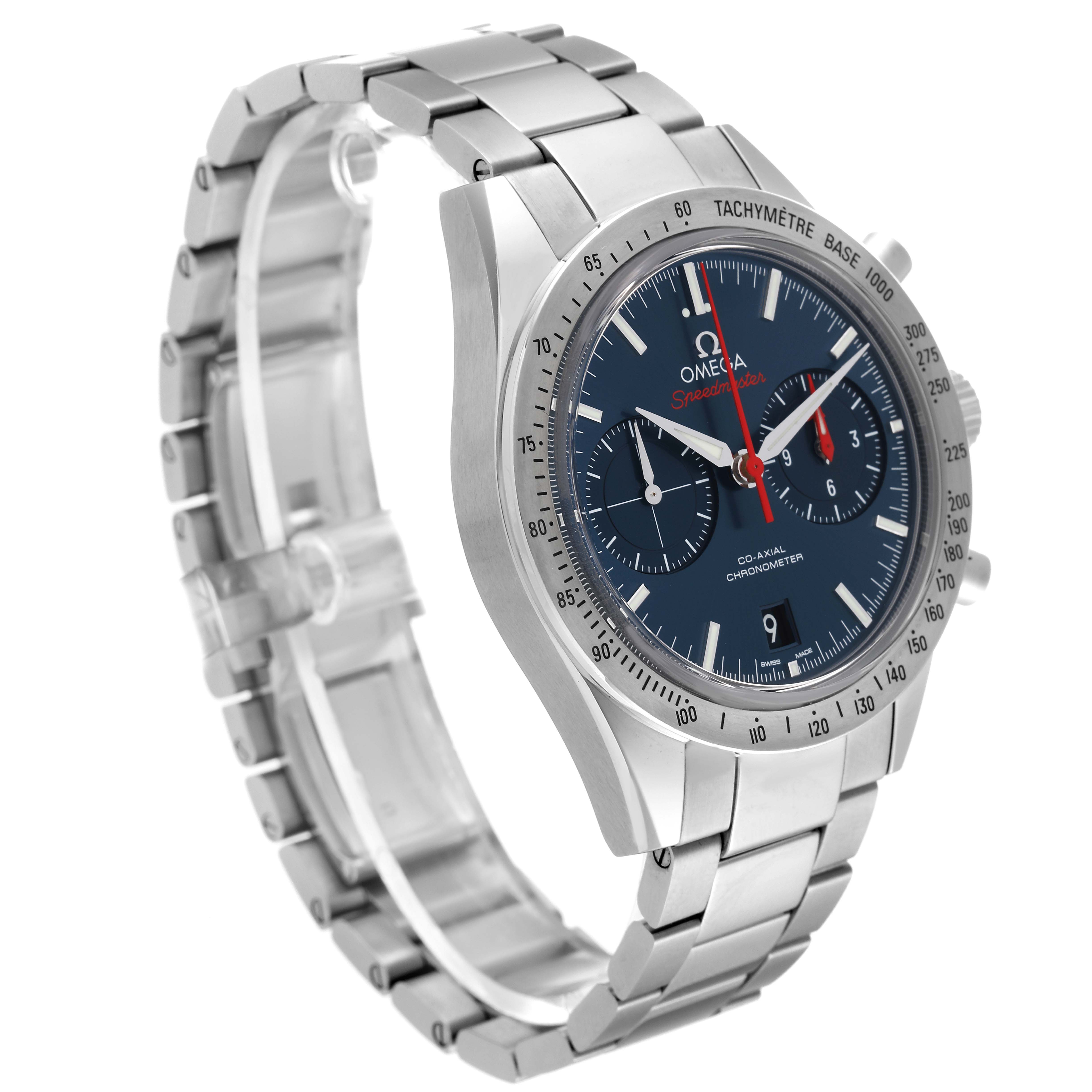 The Omega Speedmaster 331.10.42.51.03.001 Men's Stainless Steel Blue Dial 331.10.42.51.03.001 Men's Stainless Steel Blue Dial watch is shown at a 3/4 angle, highlighting its dial, bezel, and stainless steel bracelet.