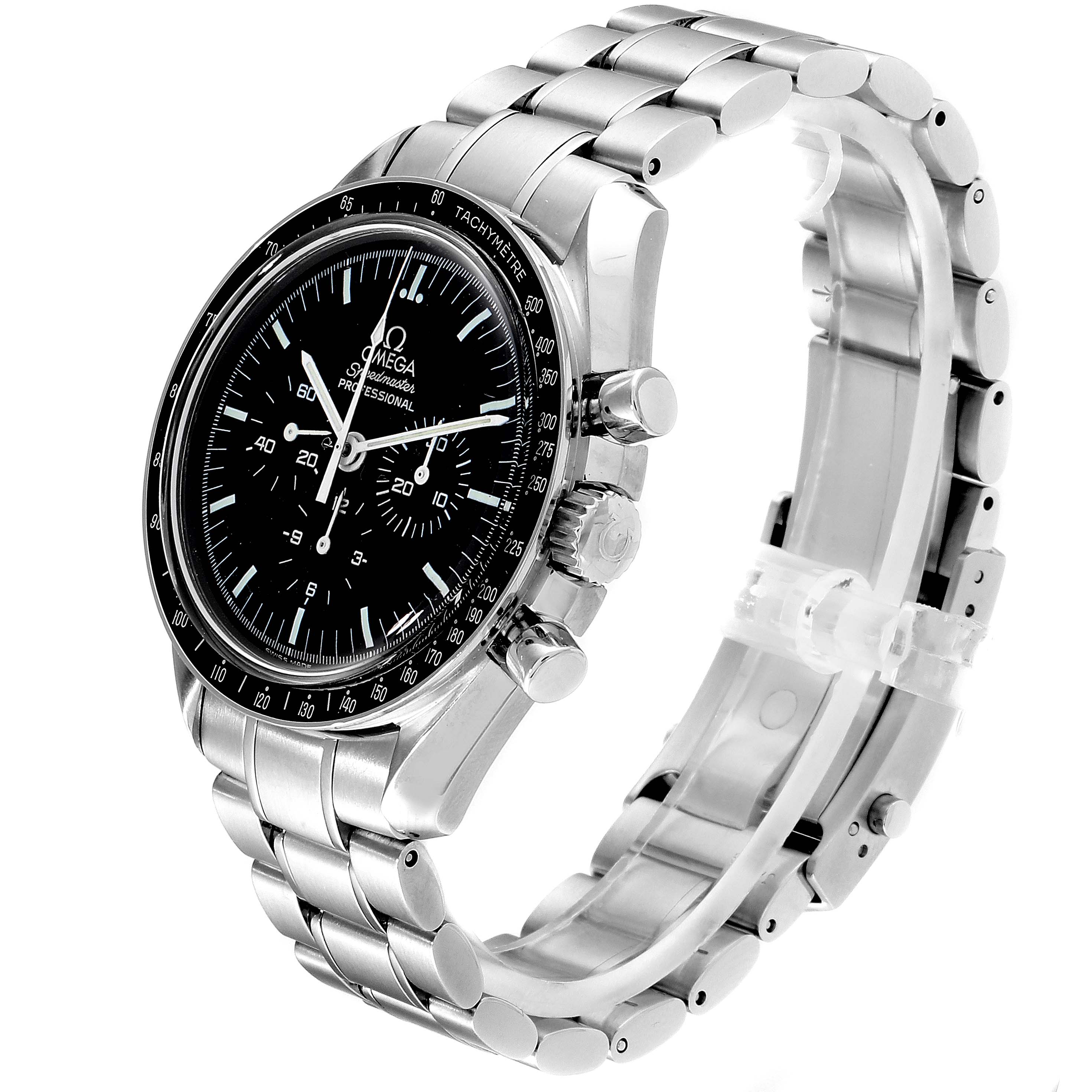 The image shows an Omega Speedmaster 3570.50.00 Men
s Stainless Steel Black Dial 3570.50.00 Men
s Stainless Steel Black Dial watch at a three-quarter angle, highlighting its black dial, three sub-dials, and stainless steel bracelet.