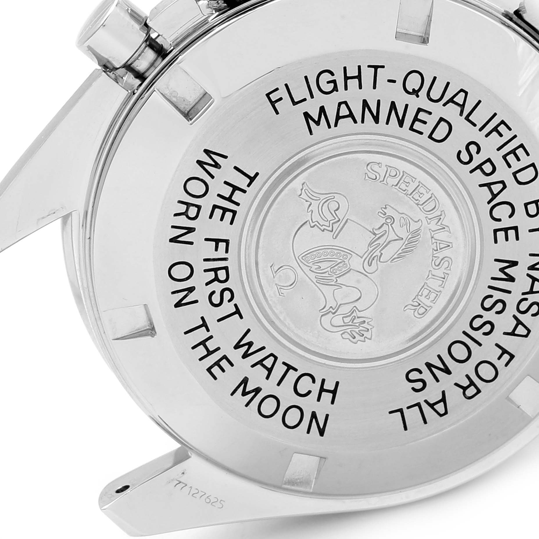 This image shows the back case of the Omega Speedmaster 3570.50.00 Men
s Stainless Steel Black Dial 3570.50.00 Men
s Stainless Steel Black Dial watch, highlighting its engravings and logo.