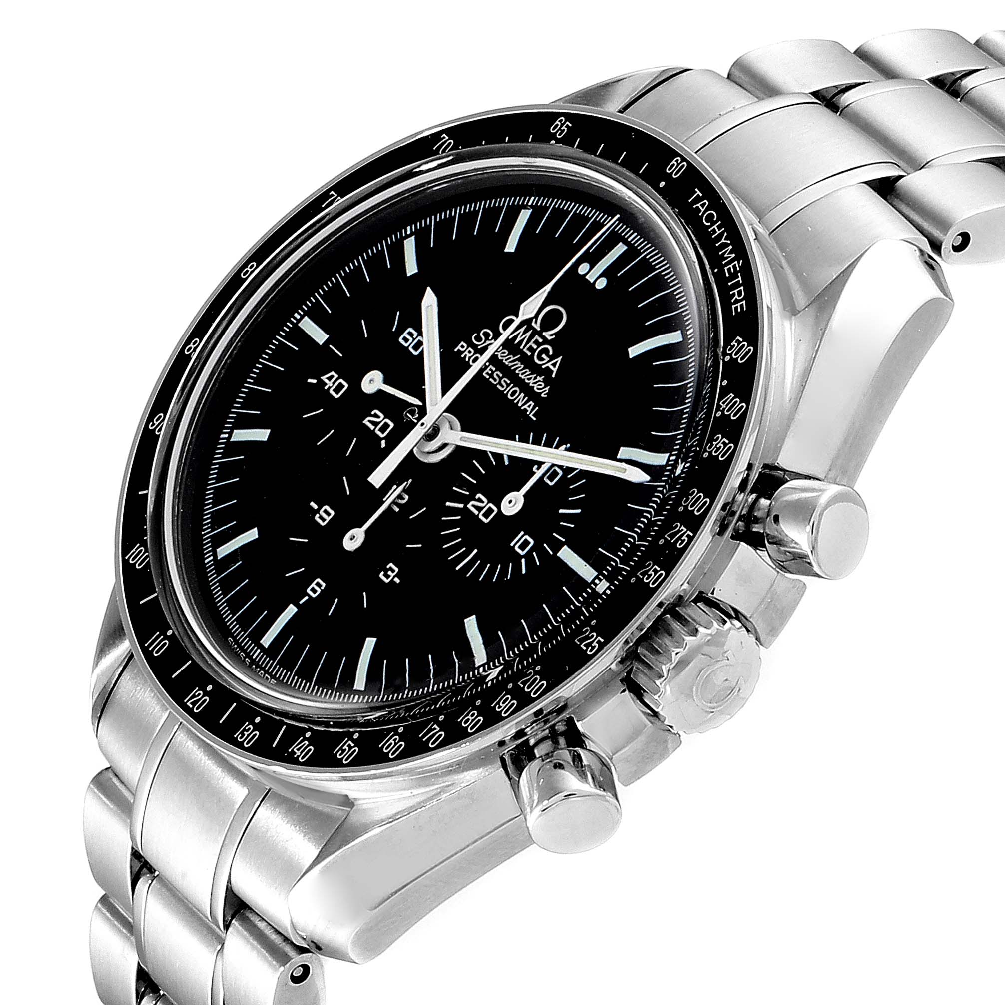 The image shows an angled view of the Omega Speedmaster 3570.50.00 Men
s Stainless Steel Black Dial 3570.50.00 Men
s Stainless Steel Black Dial, highlighting its bezel, dial, pushers, crown, and metal bracelet.