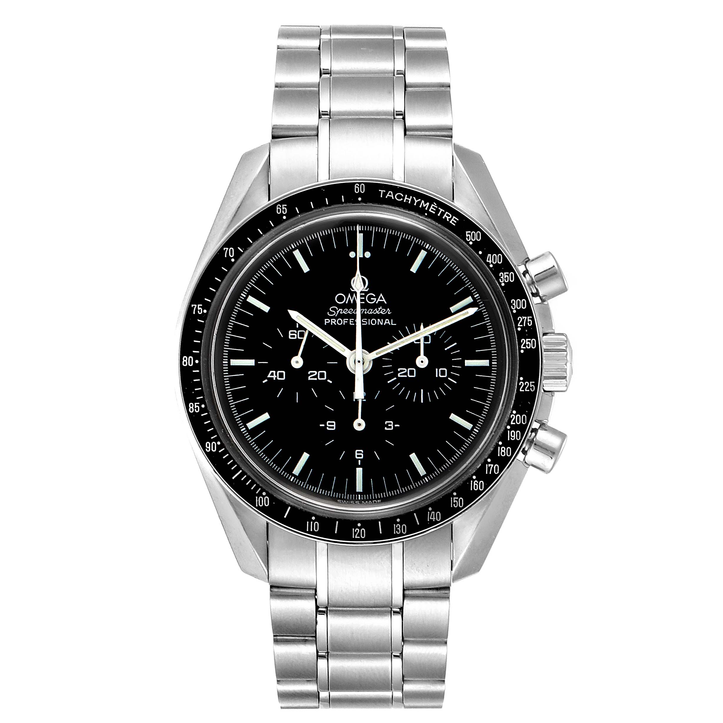 The image shows the Omega Speedmaster 3570.50.00 Men
s Stainless Steel Black Dial 3570.50.00 Men
s Stainless Steel Black Dial watch from a front angle, displaying its face, chronograph, and stainless steel bracelet.