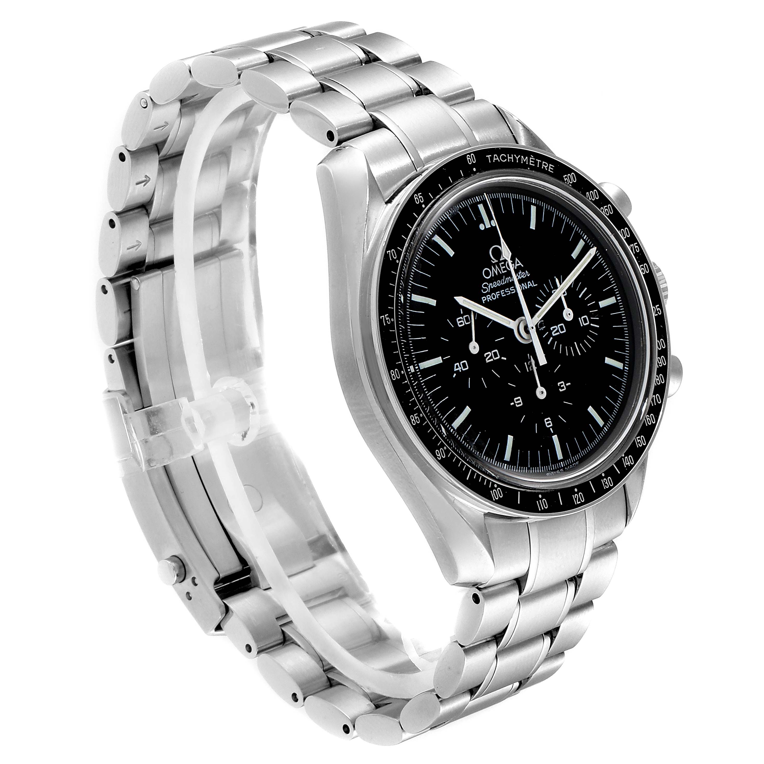 The Omega Speedmaster 3570.50.00 Men
s Stainless Steel Black Dial 3570.50.00 Men
s Stainless Steel Black Dial watch is shown at an angle displaying the face, bezel, lugs, and full metal bracelet.