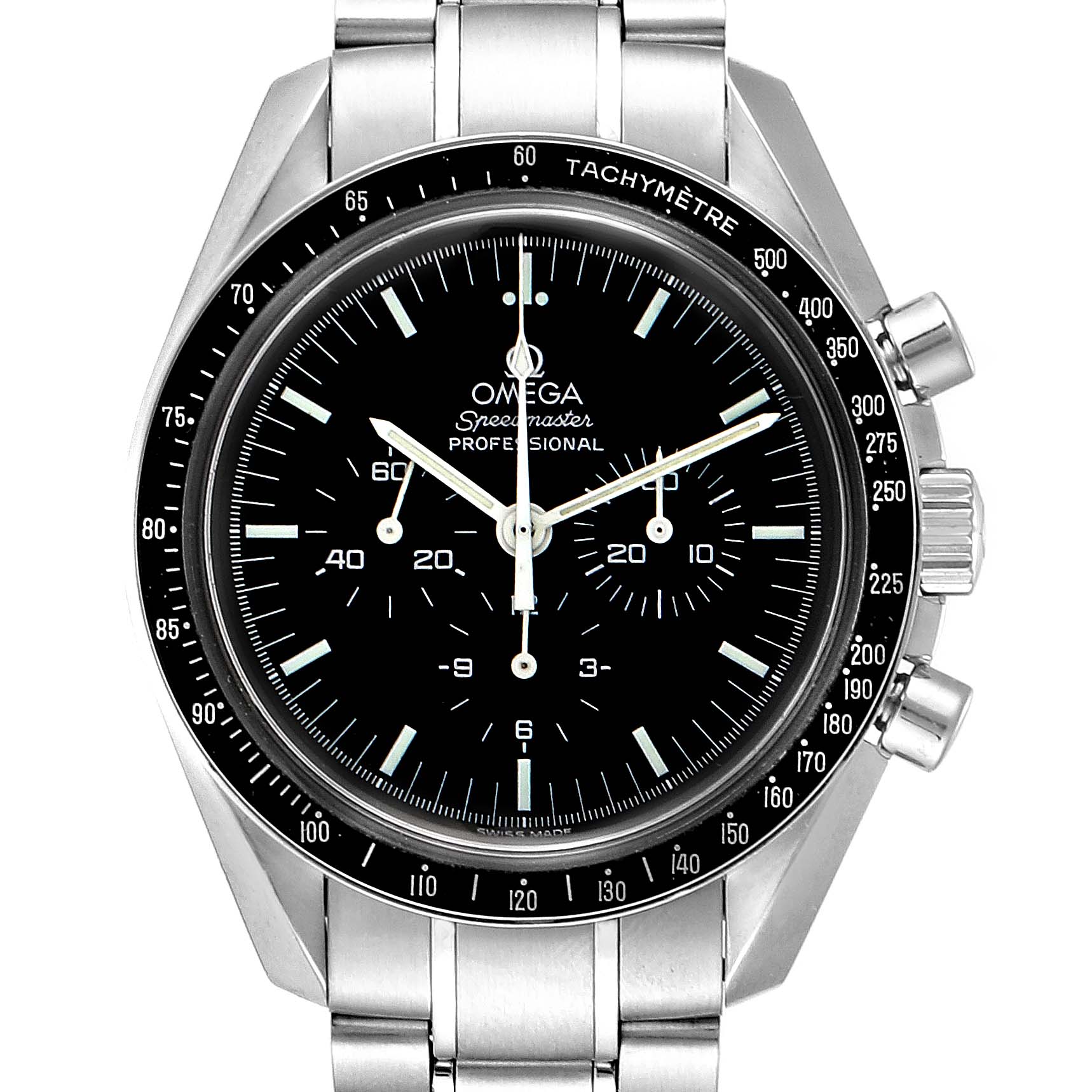 The image shows a front view of the Omega Speedmaster 3570.50.00 Men
s Stainless Steel Black Dial 3570.50.00 Men
s Stainless Steel Black Dial Professional watch, featuring a black dial and stainless steel bracelet.