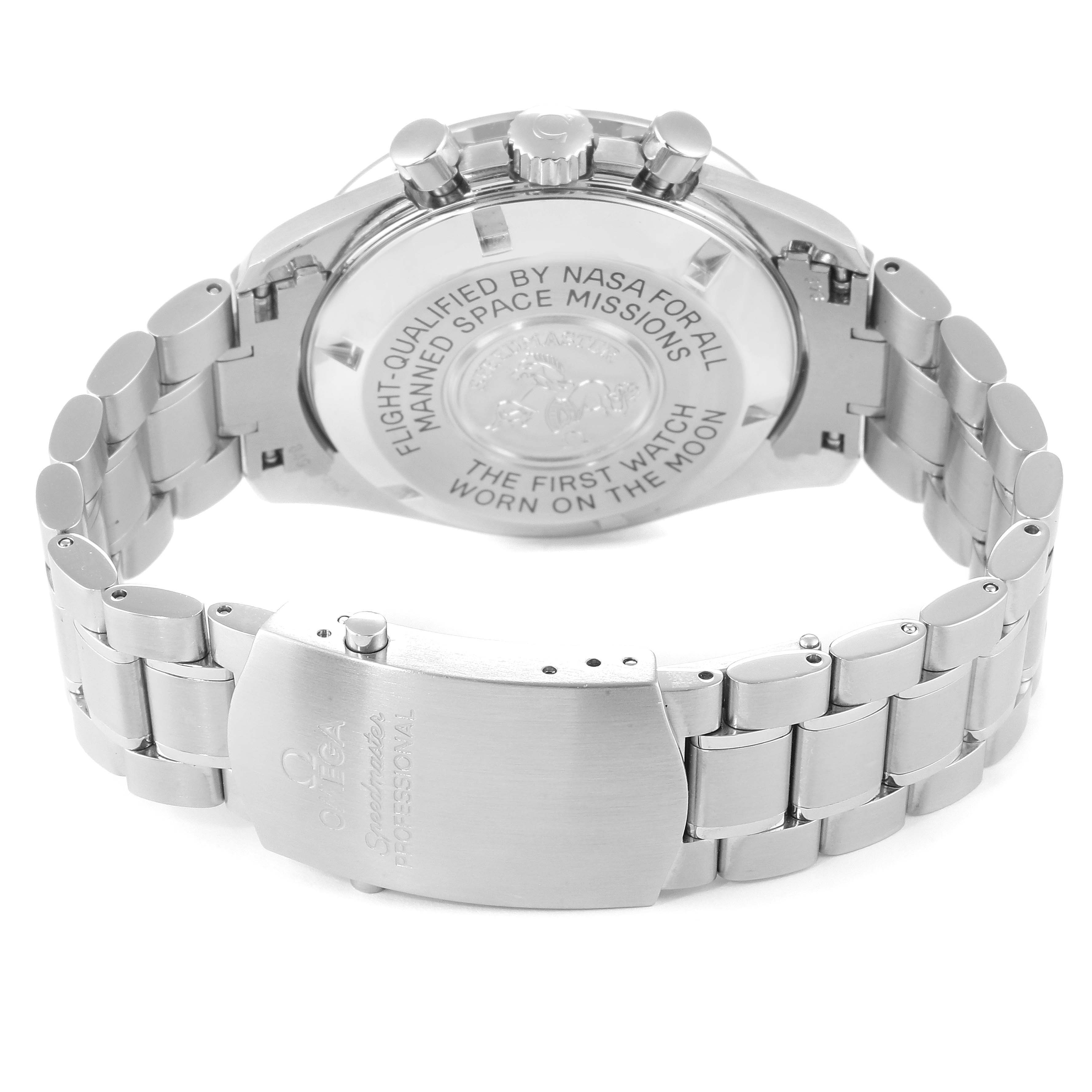 The image shows the back view of an Omega Speedmaster 3570.50.00 Men
s Stainless Steel Black Dial 3570.50.00 Men
s Stainless Steel Black Dial watch, highlighting the case back and metal bracelet.