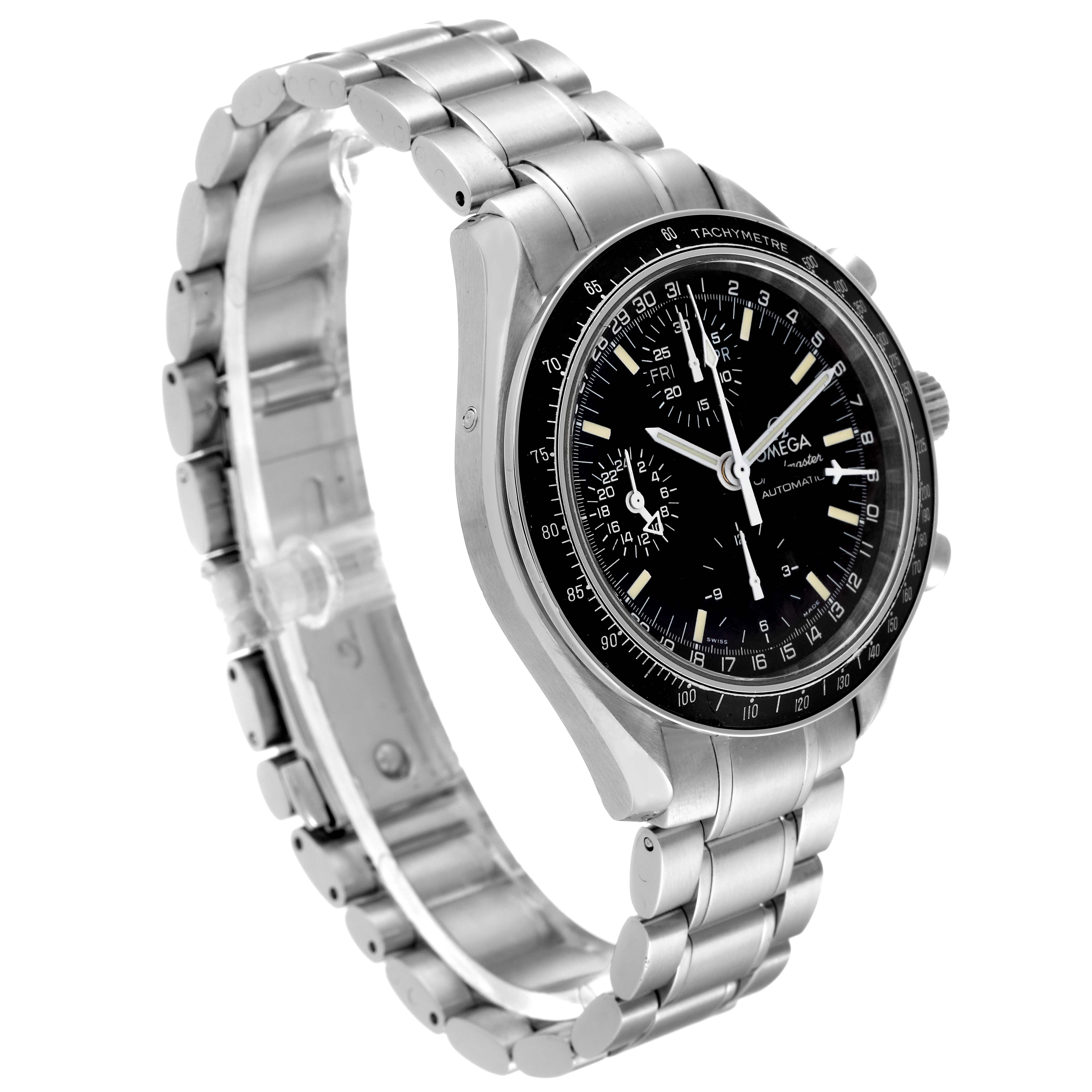 The Omega Speedmaster 3520.50.00 Men's Stainless Steel Black Dial 3520.50.00 Men's Stainless Steel Black Dial watch is shown at an angled view, highlighting the black dial, tachymeter bezel, and stainless steel bracelet.