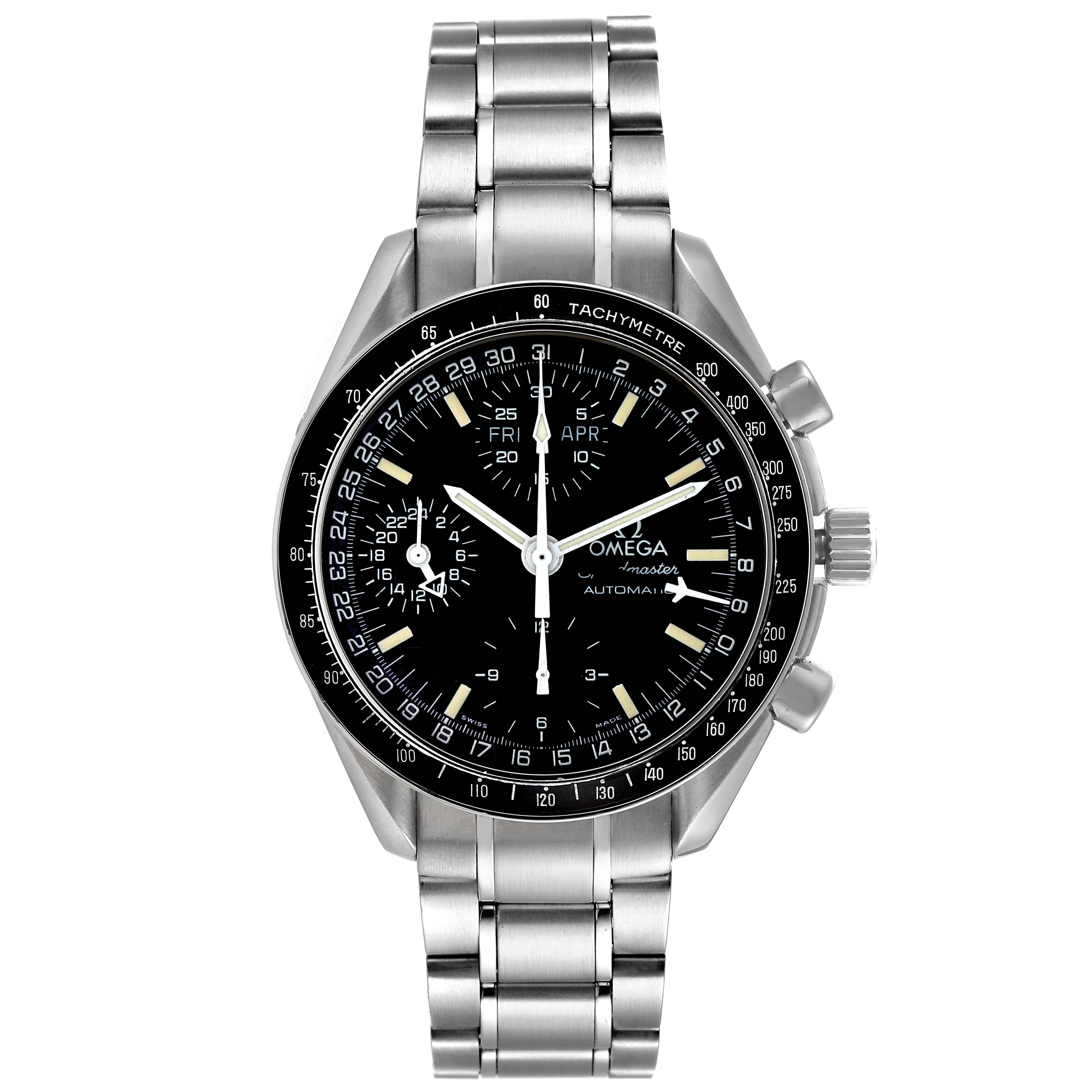 This image shows a front view of an Omega Speedmaster 3520.50.00 Men's Stainless Steel Black Dial 3520.50.00 Men's Stainless Steel Black Dial watch with a black dial, silver bezel, and metal bracelet.