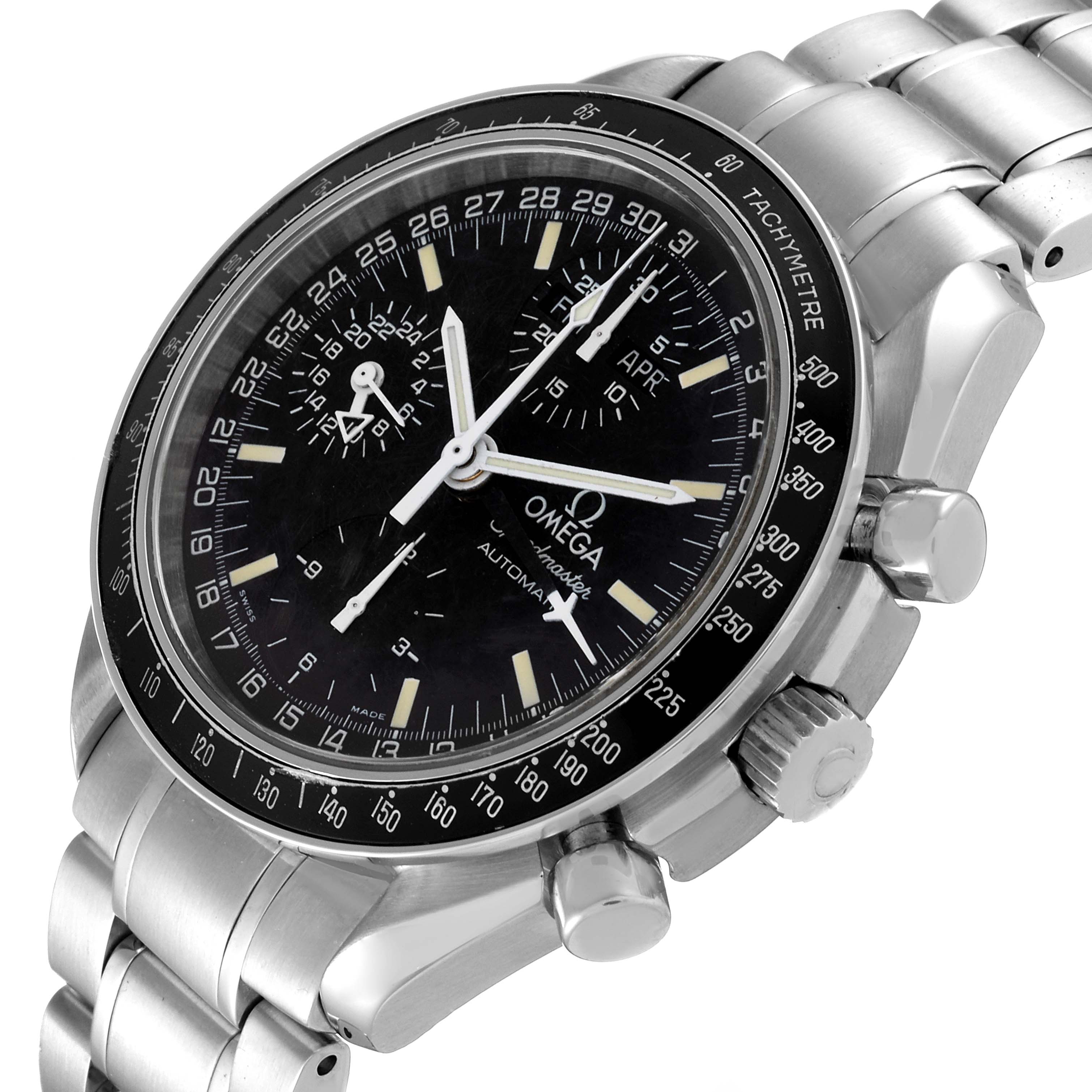 The Omega Speedmaster 3520.50.00 Men's Stainless Steel Black Dial 3520.50.00 Men's Stainless Steel Black Dial watch is shown at a slight angle, highlighting its face, bezel, chronograph buttons, and stainless steel bracelet.