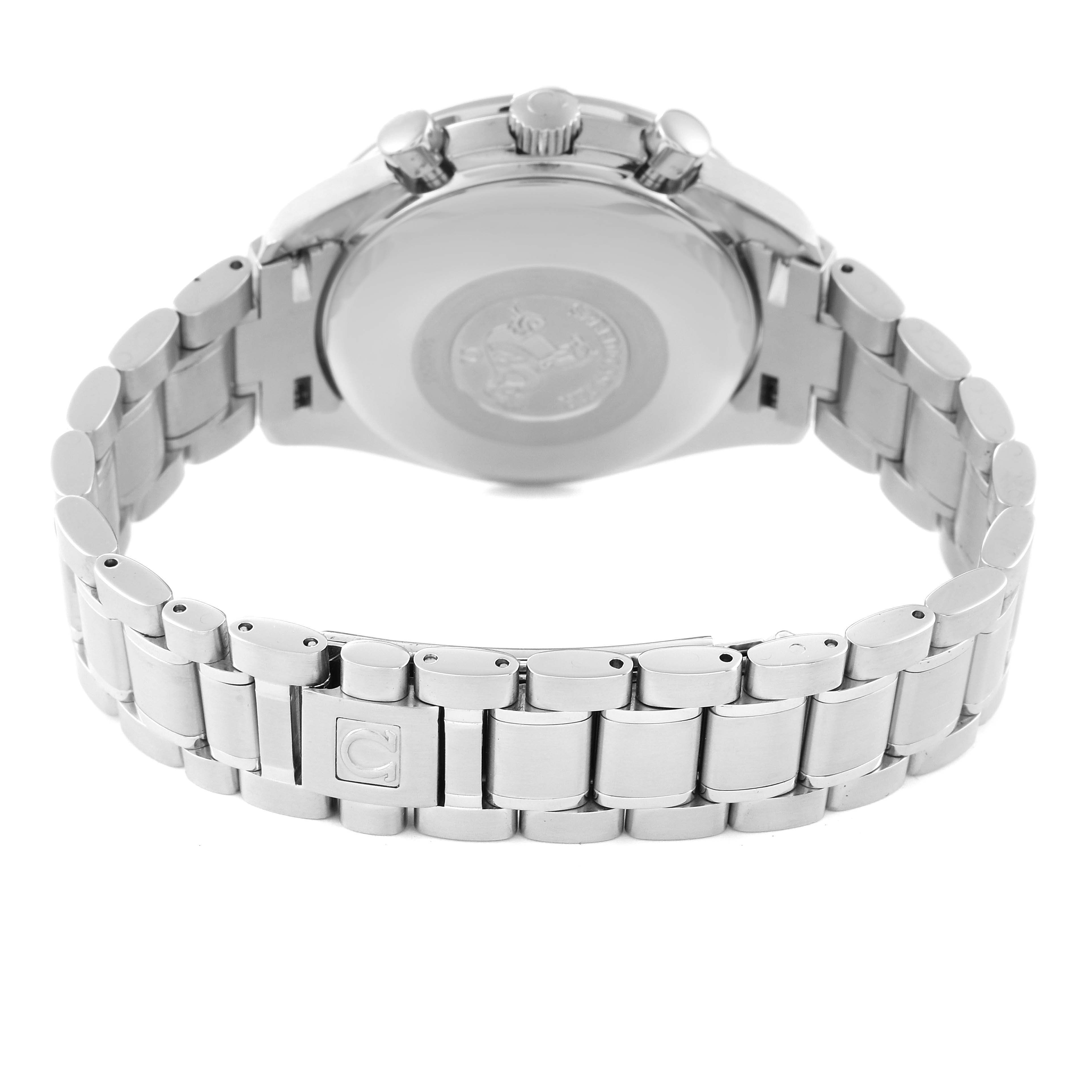 The image shows the back view of an Omega Speedmaster 3520.50.00 Men's Stainless Steel Black Dial 3520.50.00 Men's Stainless Steel Black Dial watch, focusing on its case back and metal bracelet.