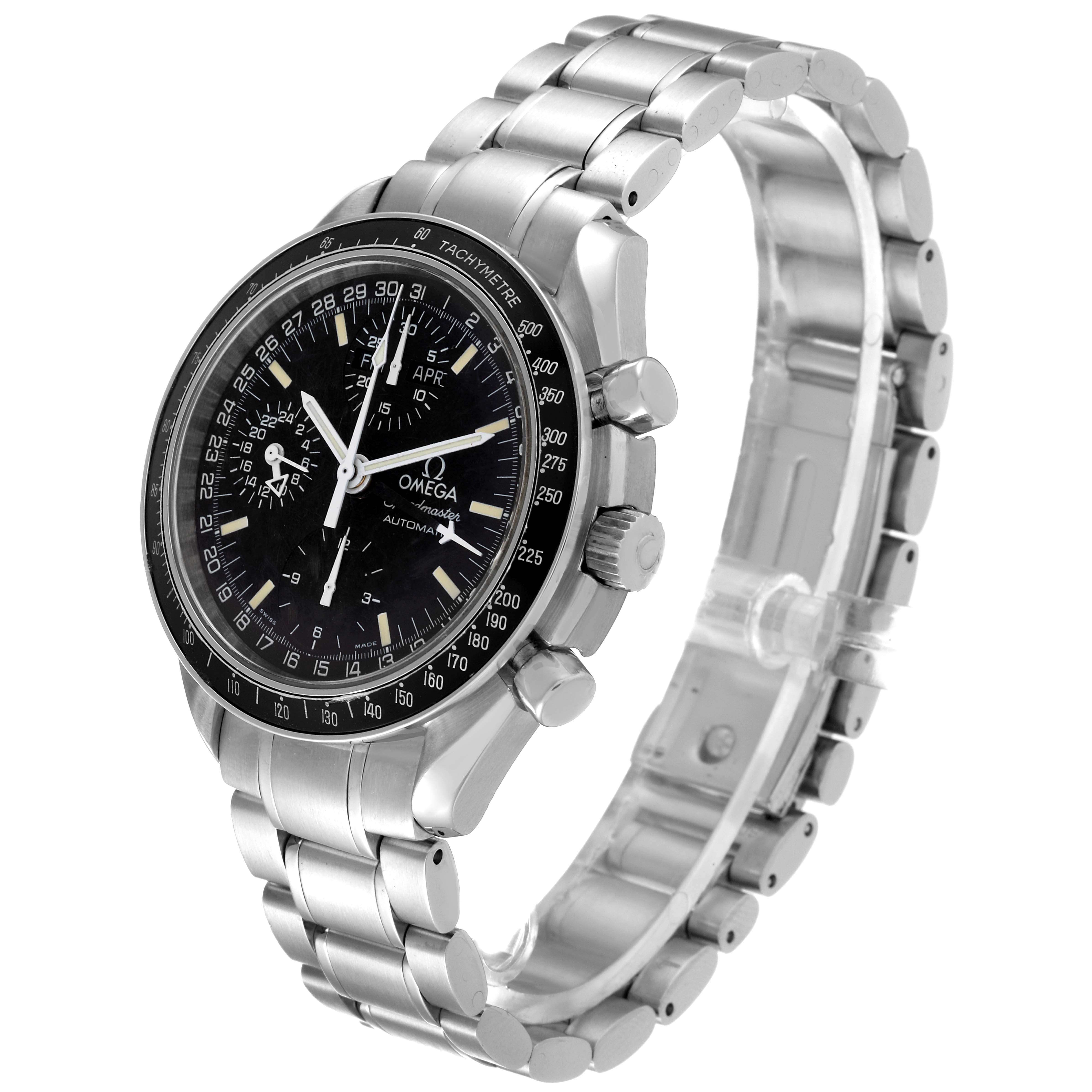 The Omega Speedmaster 3520.50.00 Men's Stainless Steel Black Dial 3520.50.00 Men's Stainless Steel Black Dial watch is shown at a three-quarter angle, displaying its face, buttons, and metal bracelet.