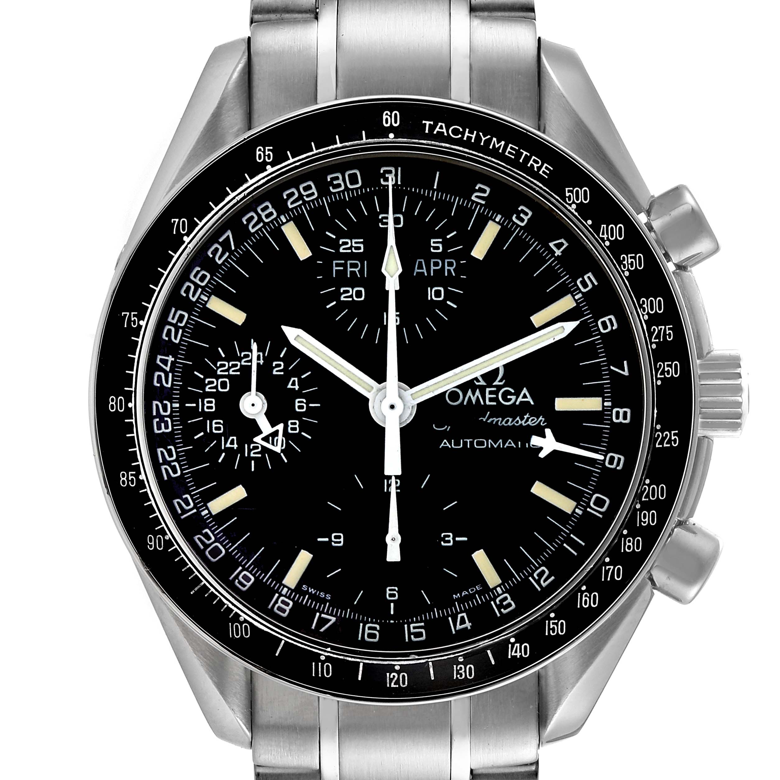 This image shows a front view of the Omega Speedmaster 3520.50.00 Men's Stainless Steel Black Dial 3520.50.00 Men's Stainless Steel Black Dial watch, highlighting its face, tachymeter bezel, and bracelet.