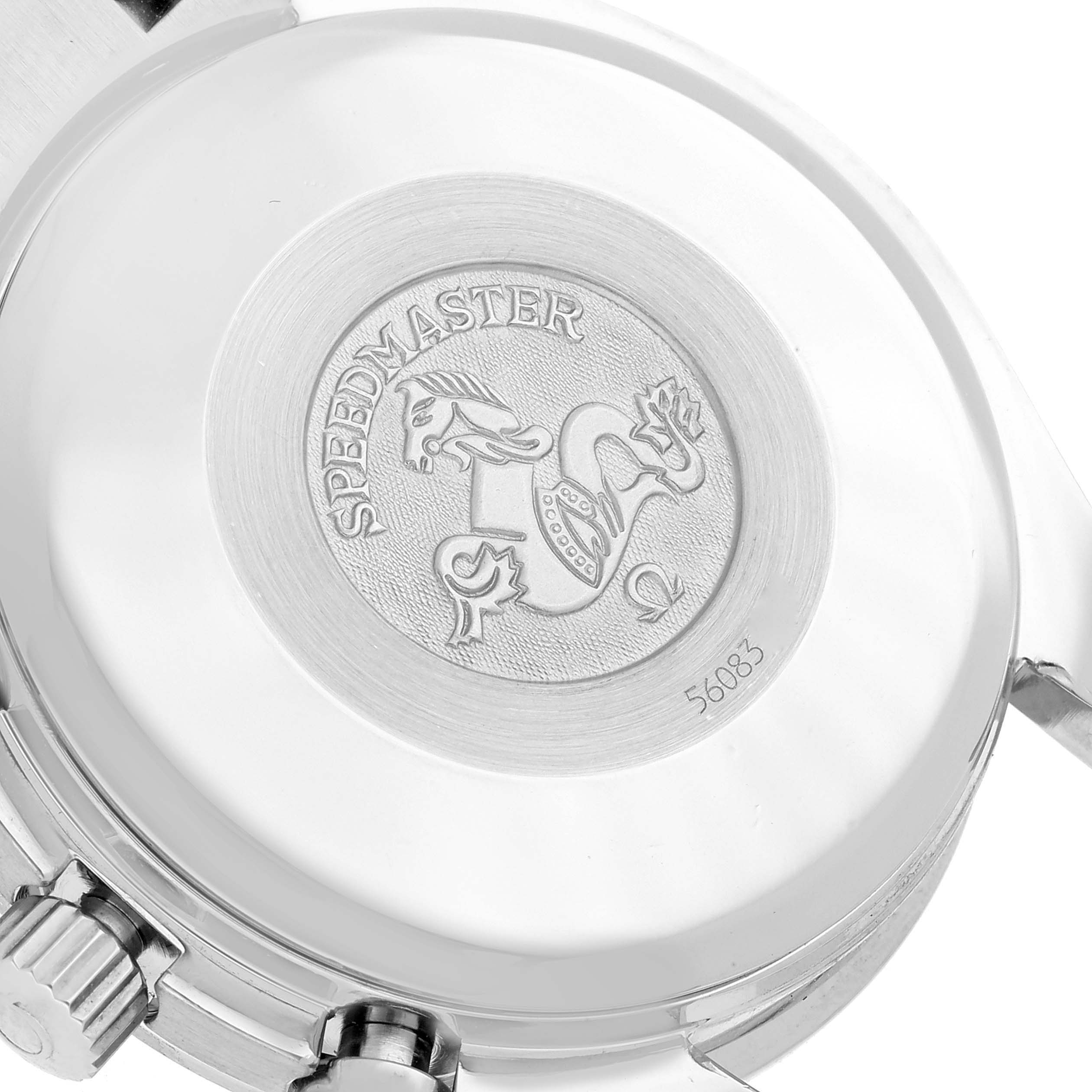 The image shows the engraved case back and crown of an Omega Speedmaster 3520.50.00 Men's Stainless Steel Black Dial 3520.50.00 Men's Stainless Steel Black Dial watch from a low angle.